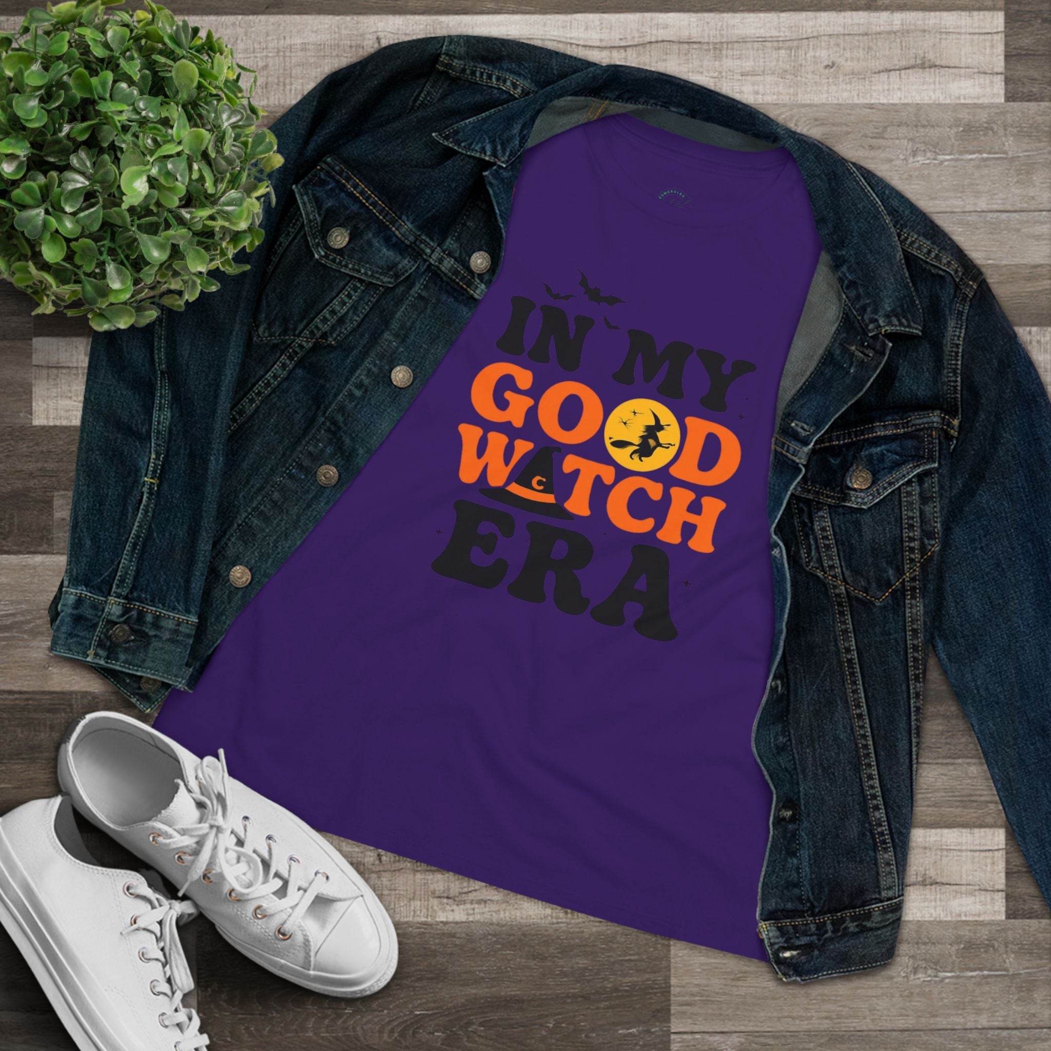 Purple Halloween tee IN MY GOOD WITCH ERA with denim jacket and sneakers eco friendly halloween t shirt women