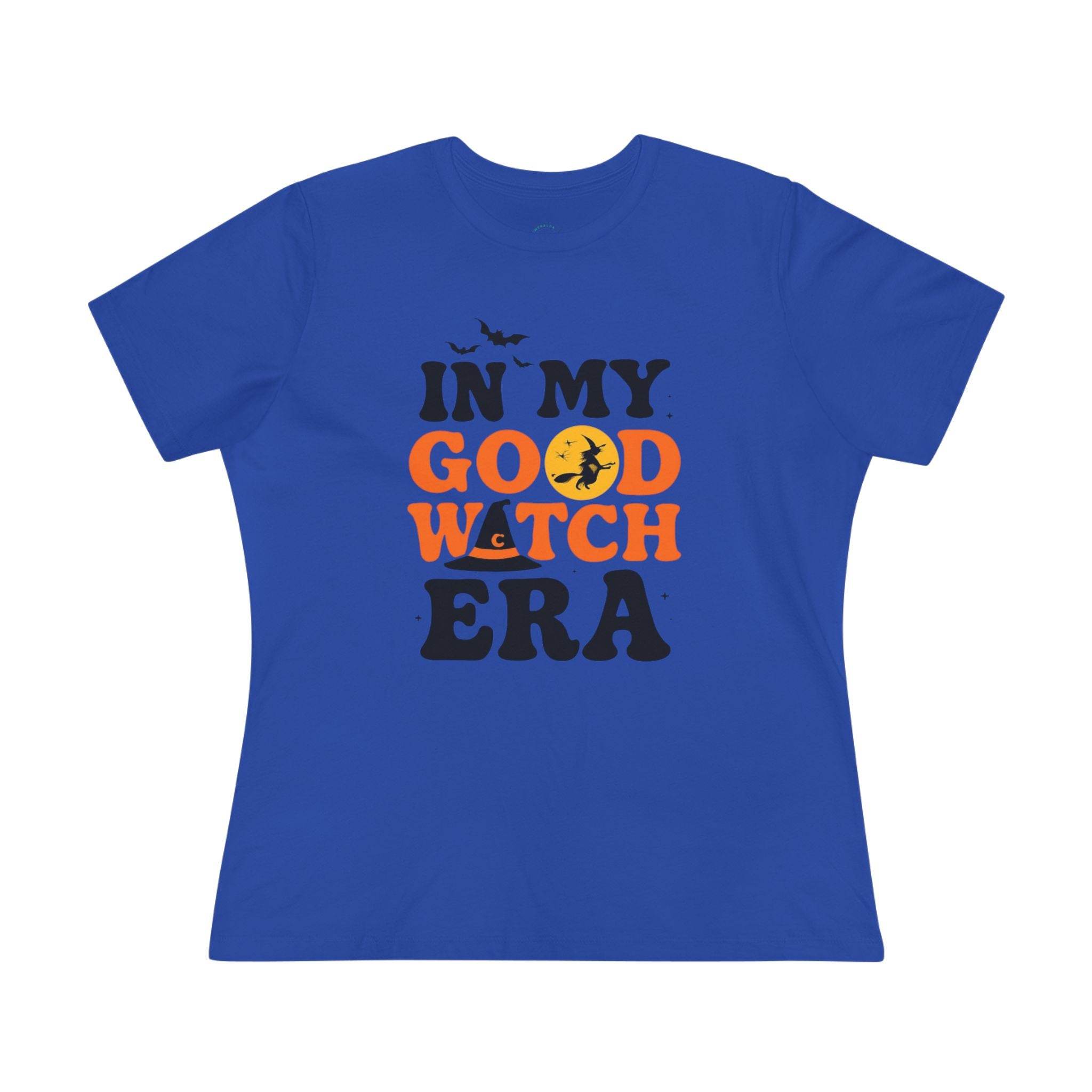 eco friendly halloween t shirt women blue crewneck tee with In My Good Witch Era print with orange moon witch silhouette and bats