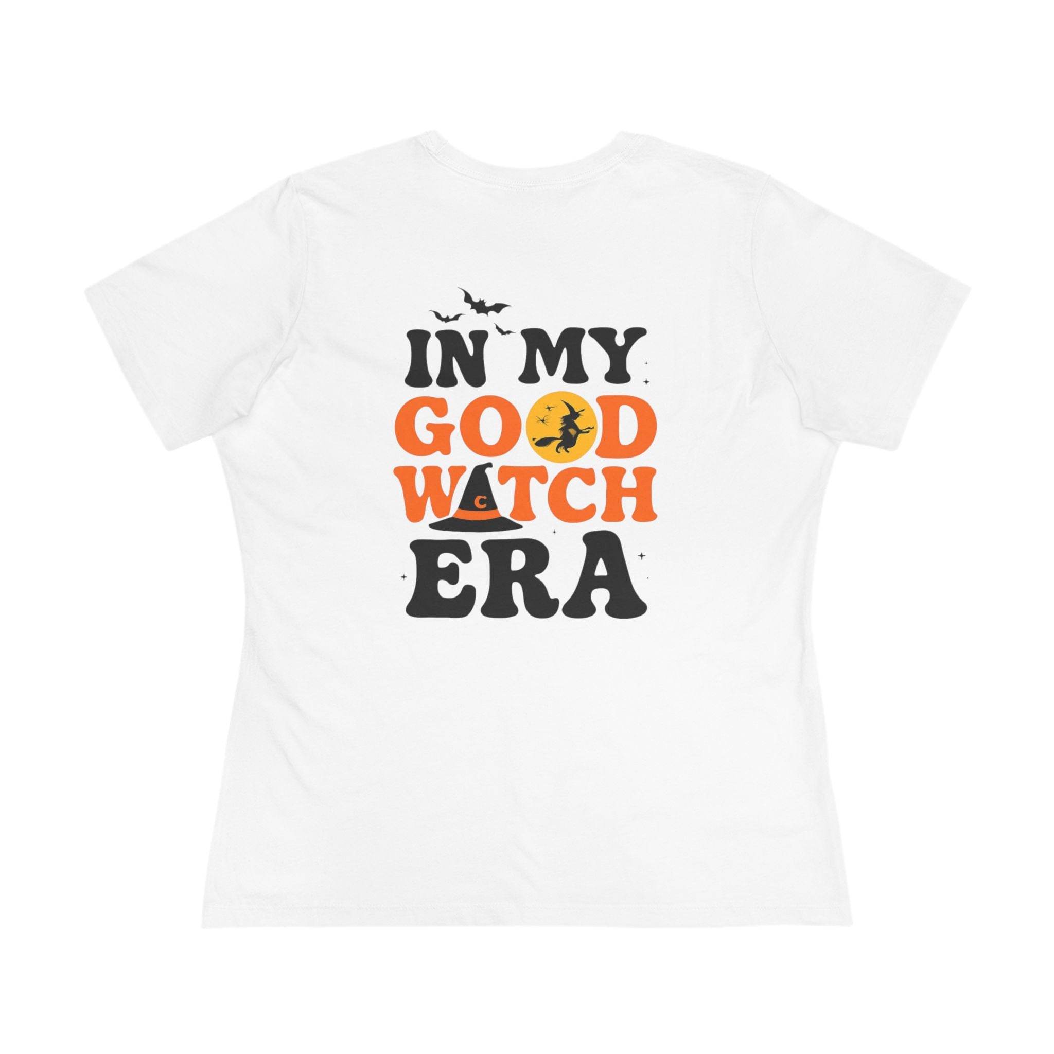 Printify white women t shirt with orange and black In My Good Witch Era design eco friendly halloween t shirt women