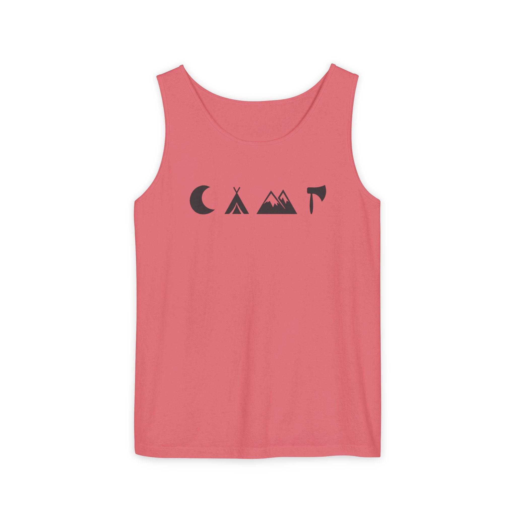 Printify coral camping graphic shirt featuring moon tent mountains axe on eco-friendly unisex tank top