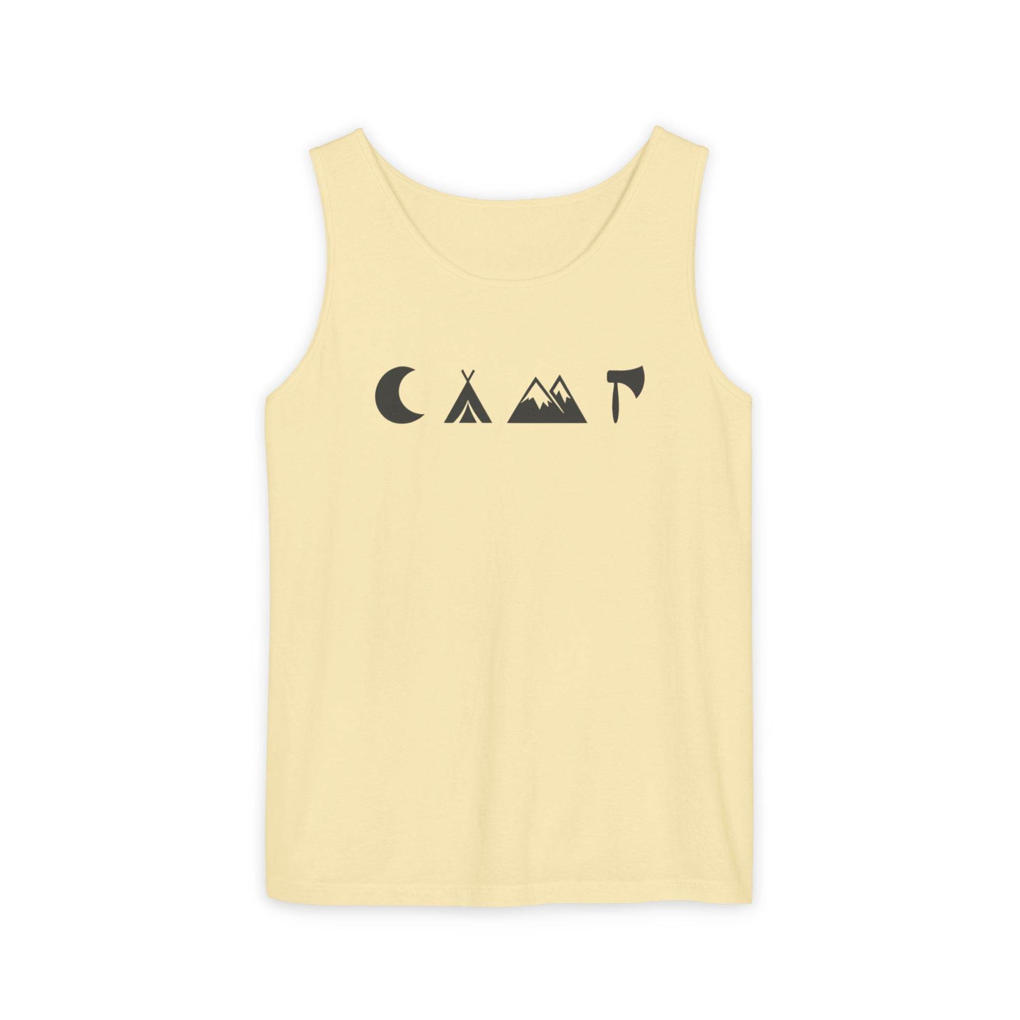 Printify pale yellow tank top with black moon tent mountains and axe icons eco-friendly unisex tank top for outdoor lovers