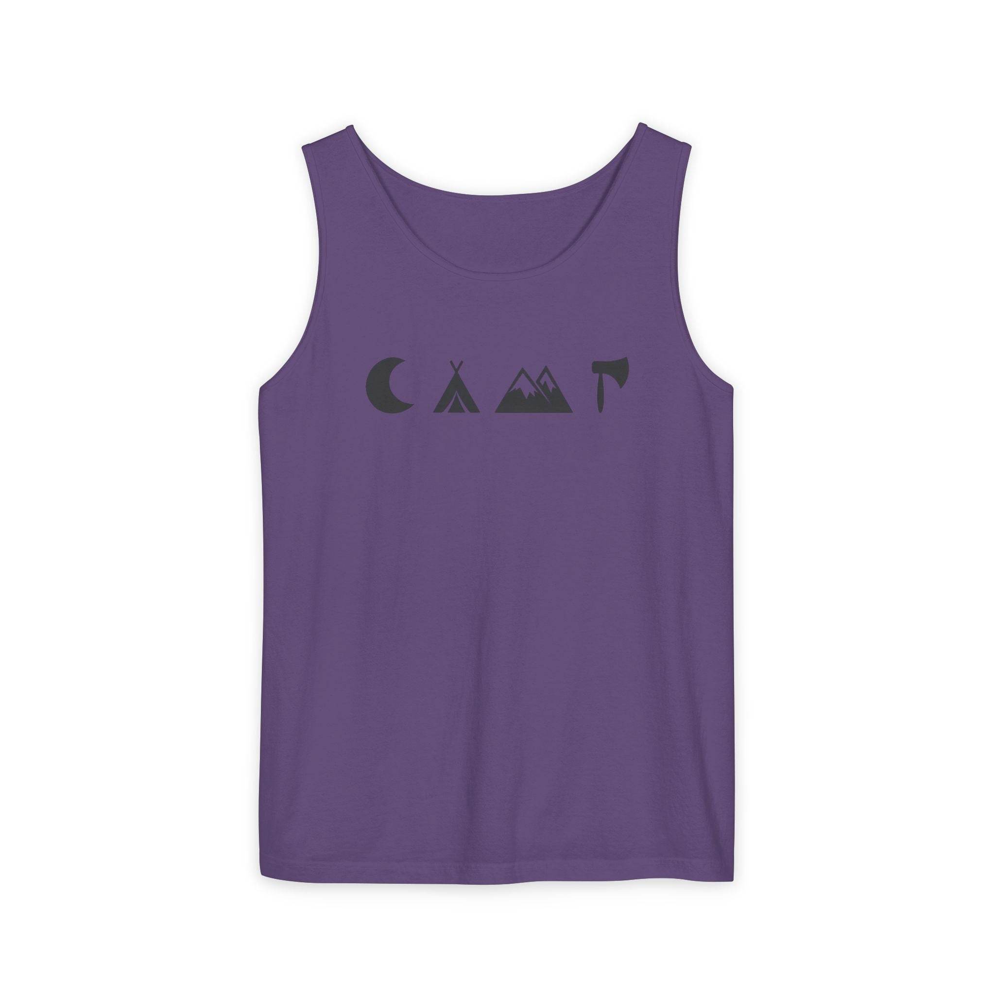 Printify purple tank top with minimalist camping icons moon tent mountains axe eco-friendly unisex tank top