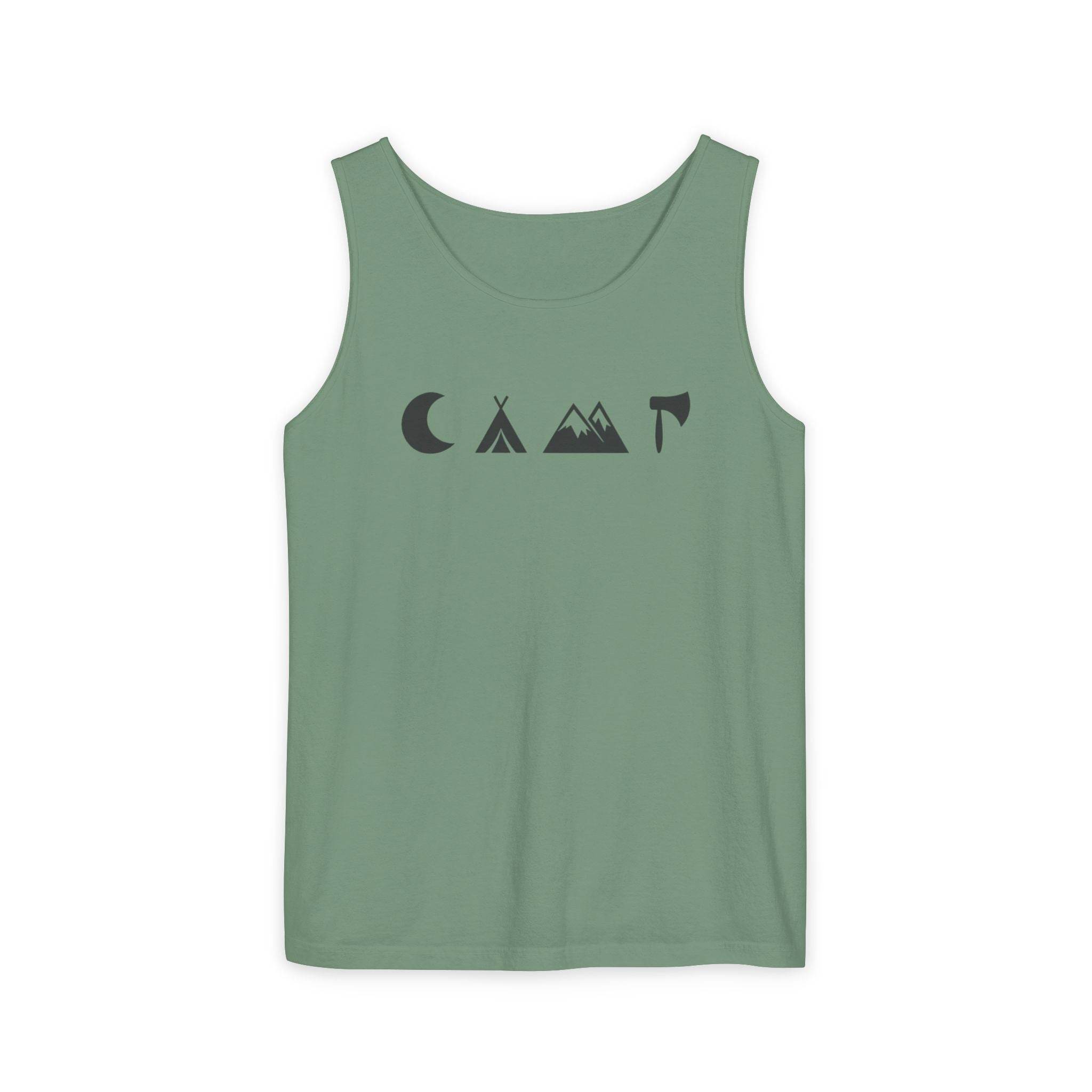 Printify eco-friendly unisex tank top in sage green with minimalist camping icons moon tent mountains and axe