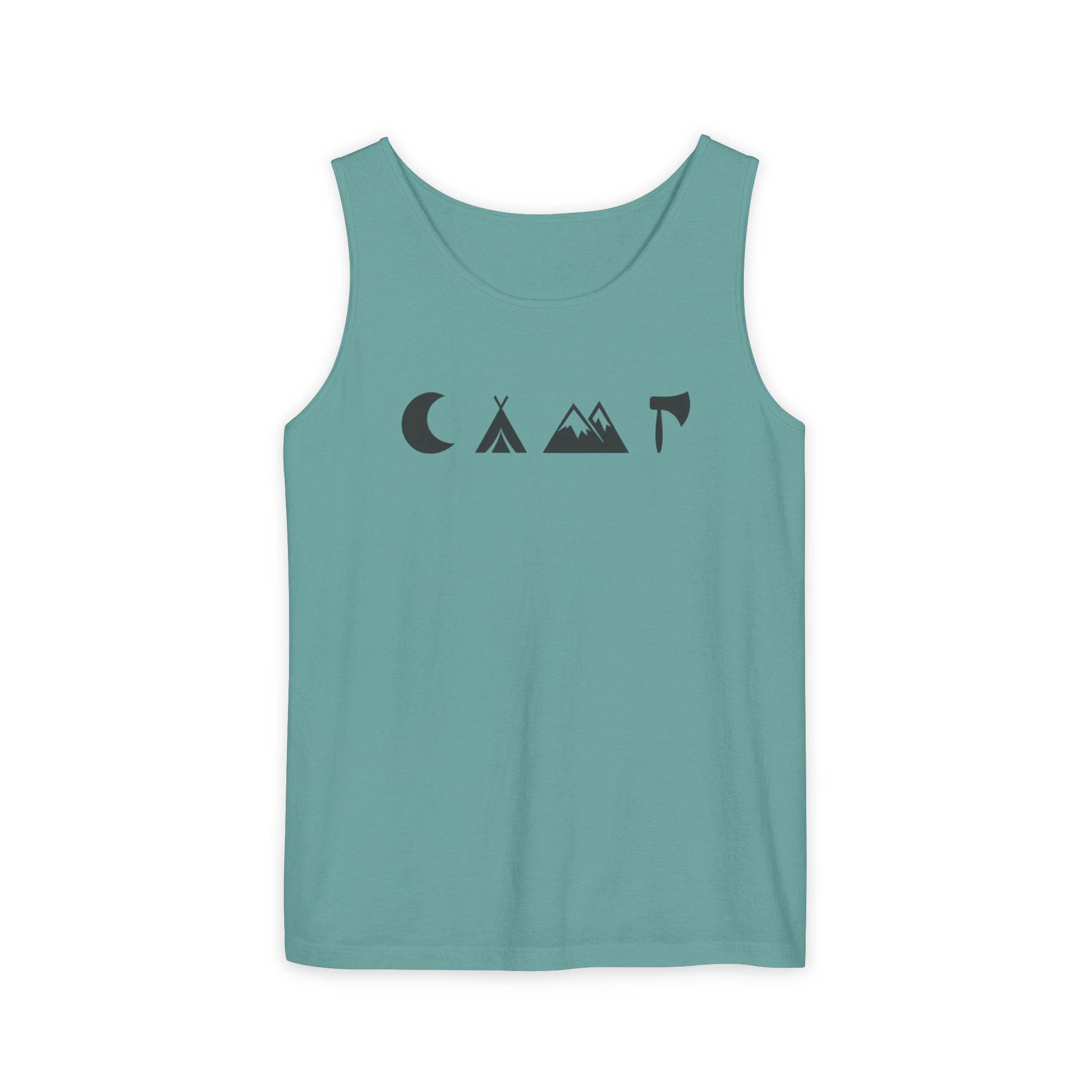 Printify teal eco-friendly unisex tank top with minimalist black camping icons moon tent mountains axe