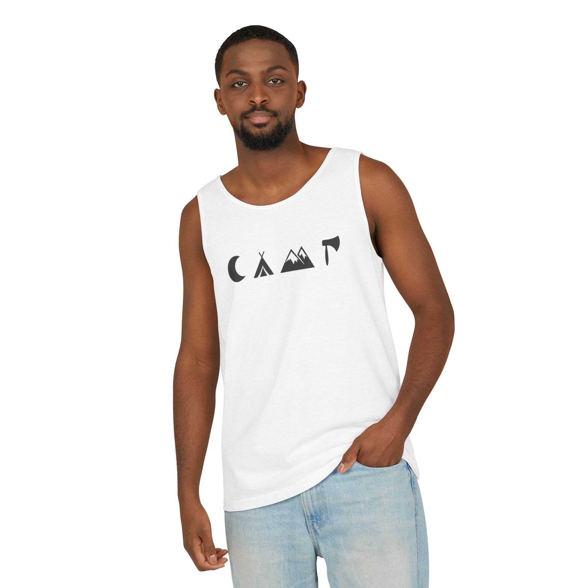 Printify white tank top with black CAMP graphic on front worn by model pairing with jeans eco-friendly unisex tank top