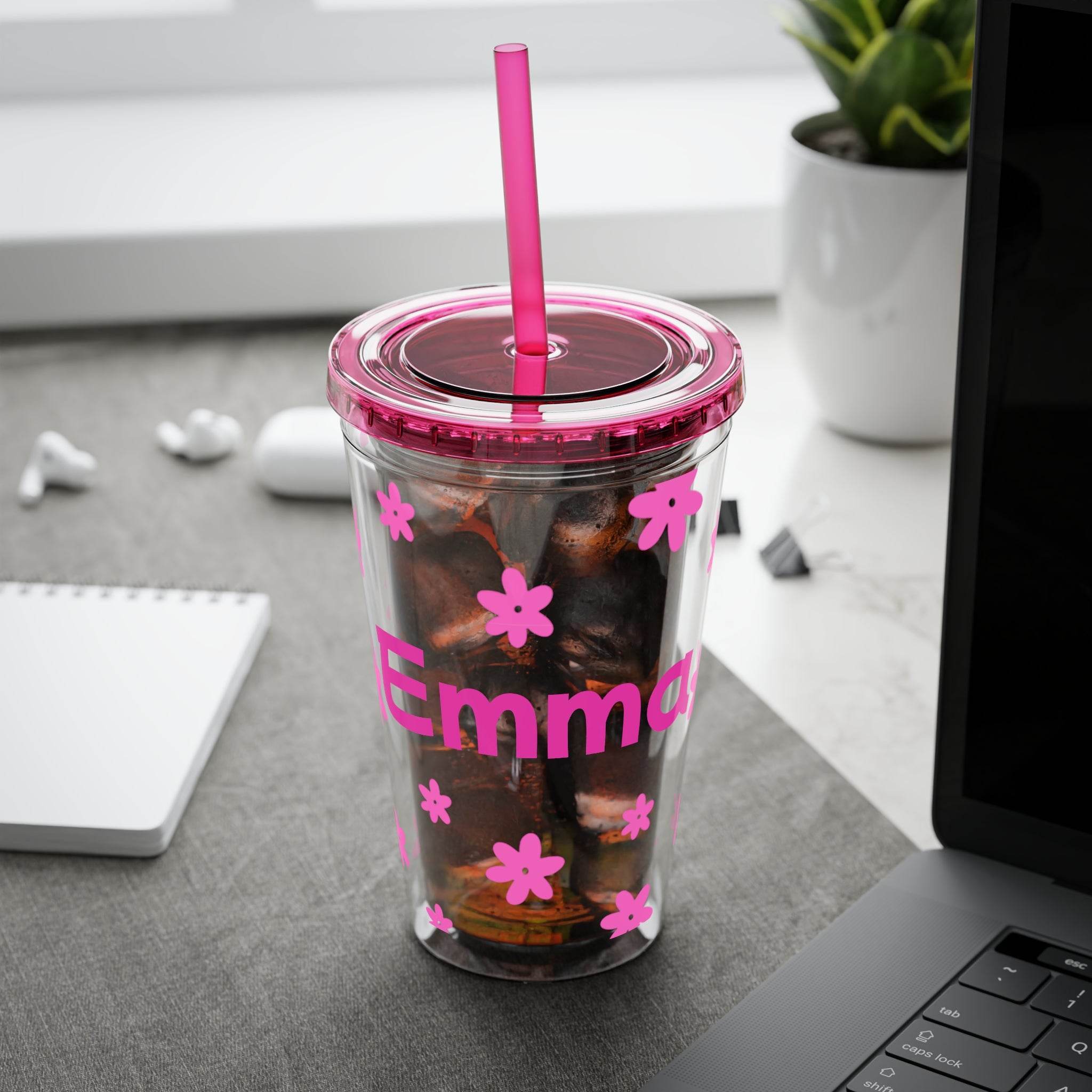 personalized eco-friendly tumbler clear double wall cup with pink lid and straw Emma name floral decals iced coffee on desk