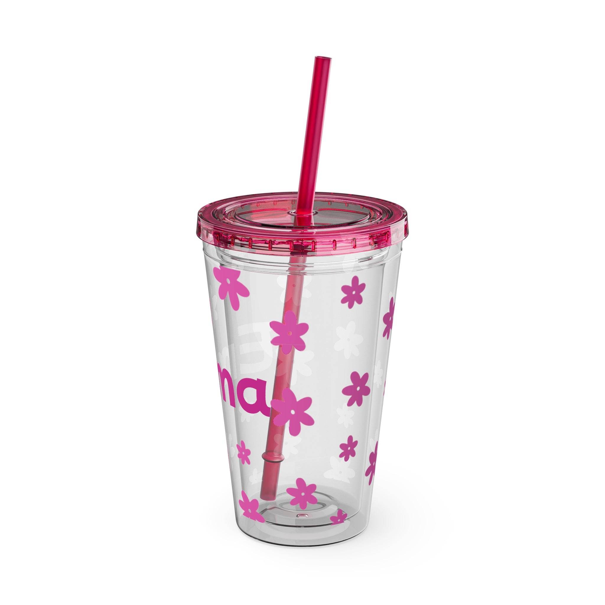 personalized eco-friendly tumbler clear cup with pink lid and straw floral print for cold beverages on the go