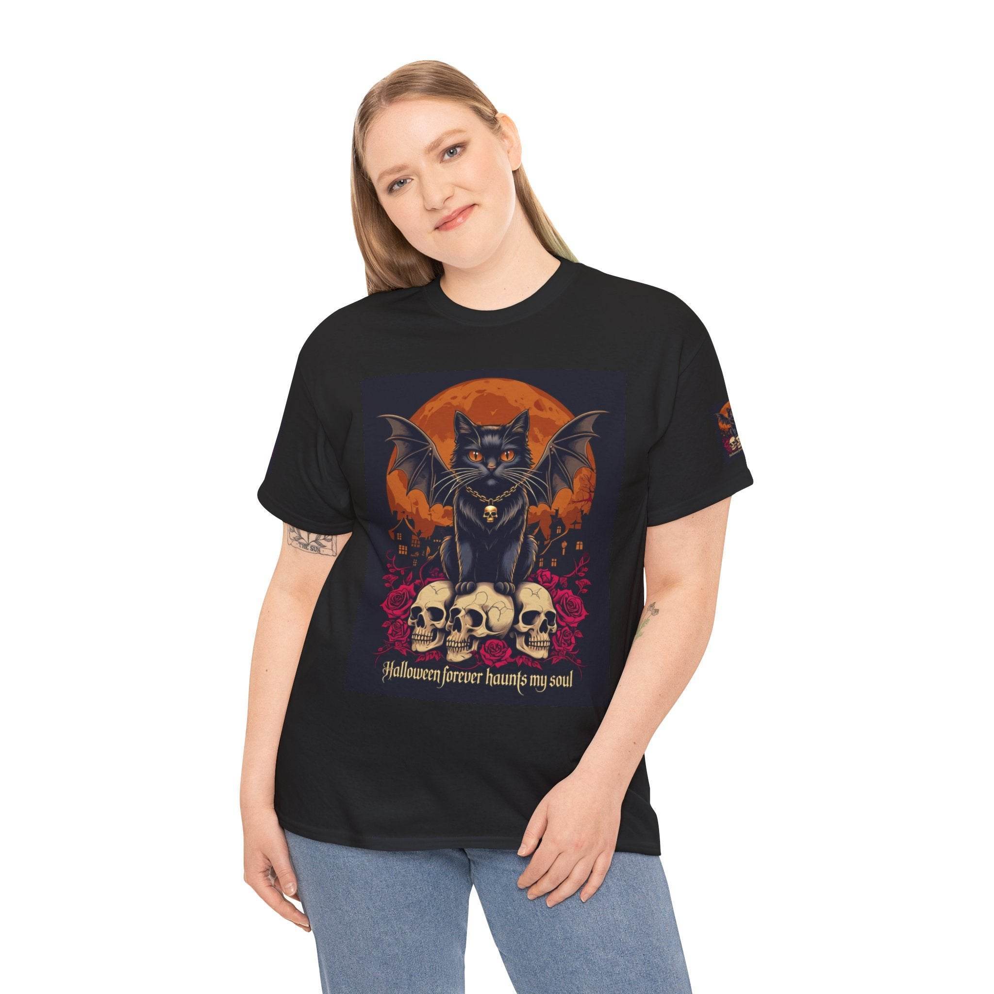 Printify eco-friendly Halloween cat shirt black tee featuring winged black cat, skulls, full moon and roses