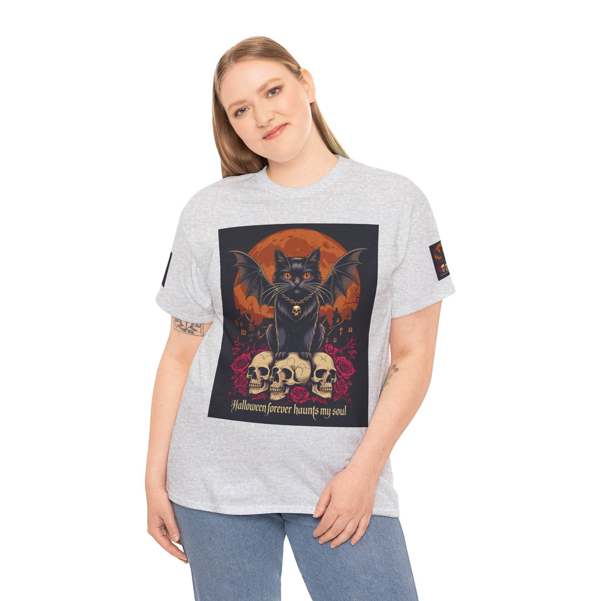 Model wearing Printify eco-friendly Halloween cat shirt with winged black cat on skulls and orange moon backdrop