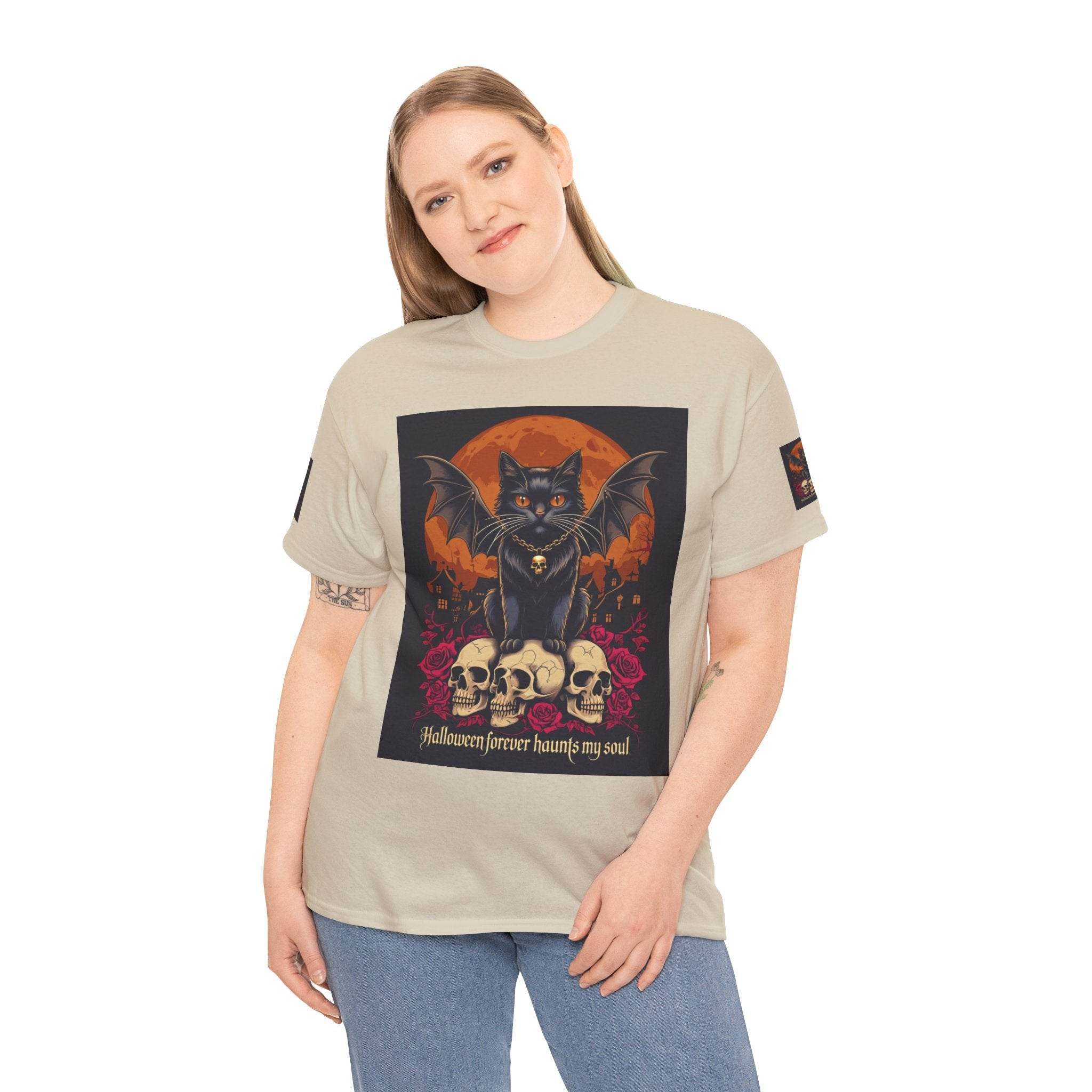 Printify eco-friendly Halloween cat shirt on model featuring winged black cat perched on skulls with orange moon backdrop