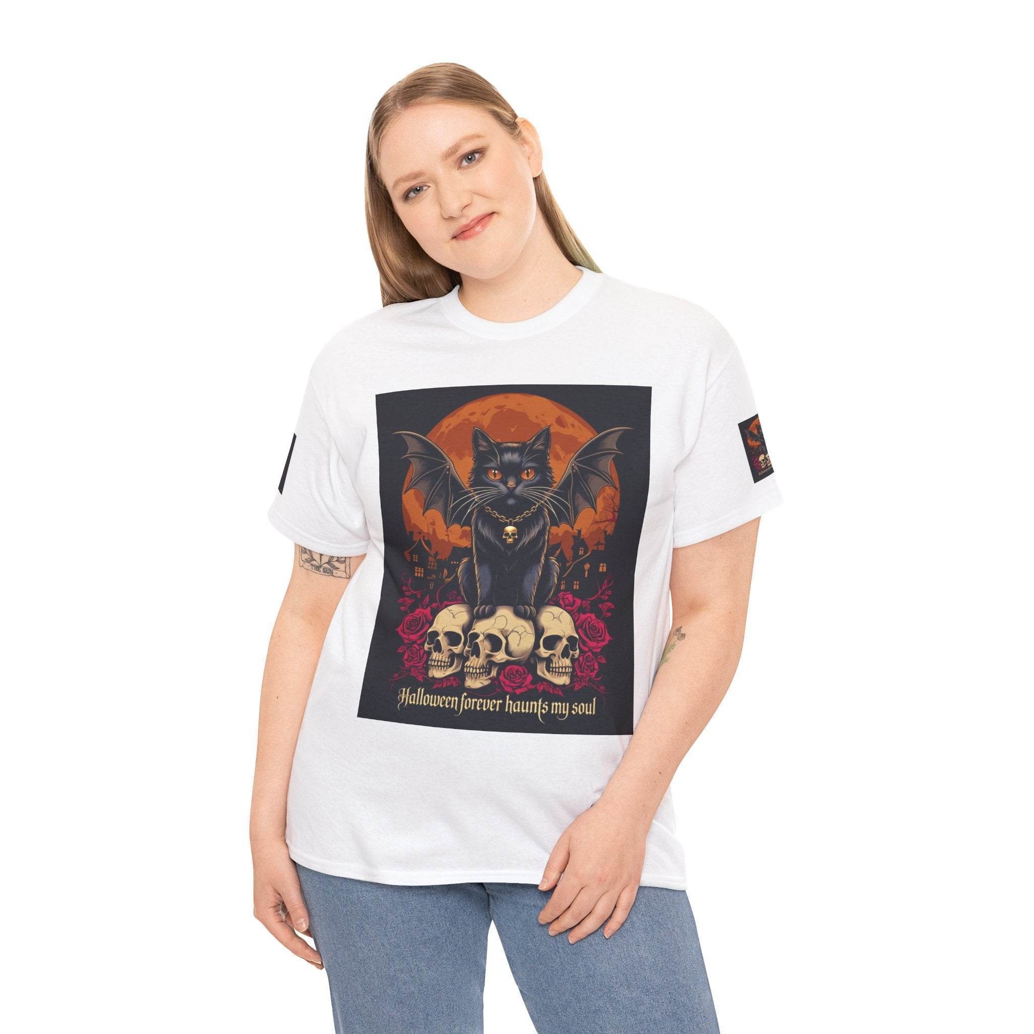 Printify white t shirt with eco-friendly Halloween cat shirt design showing black winged cat above skulls and moon