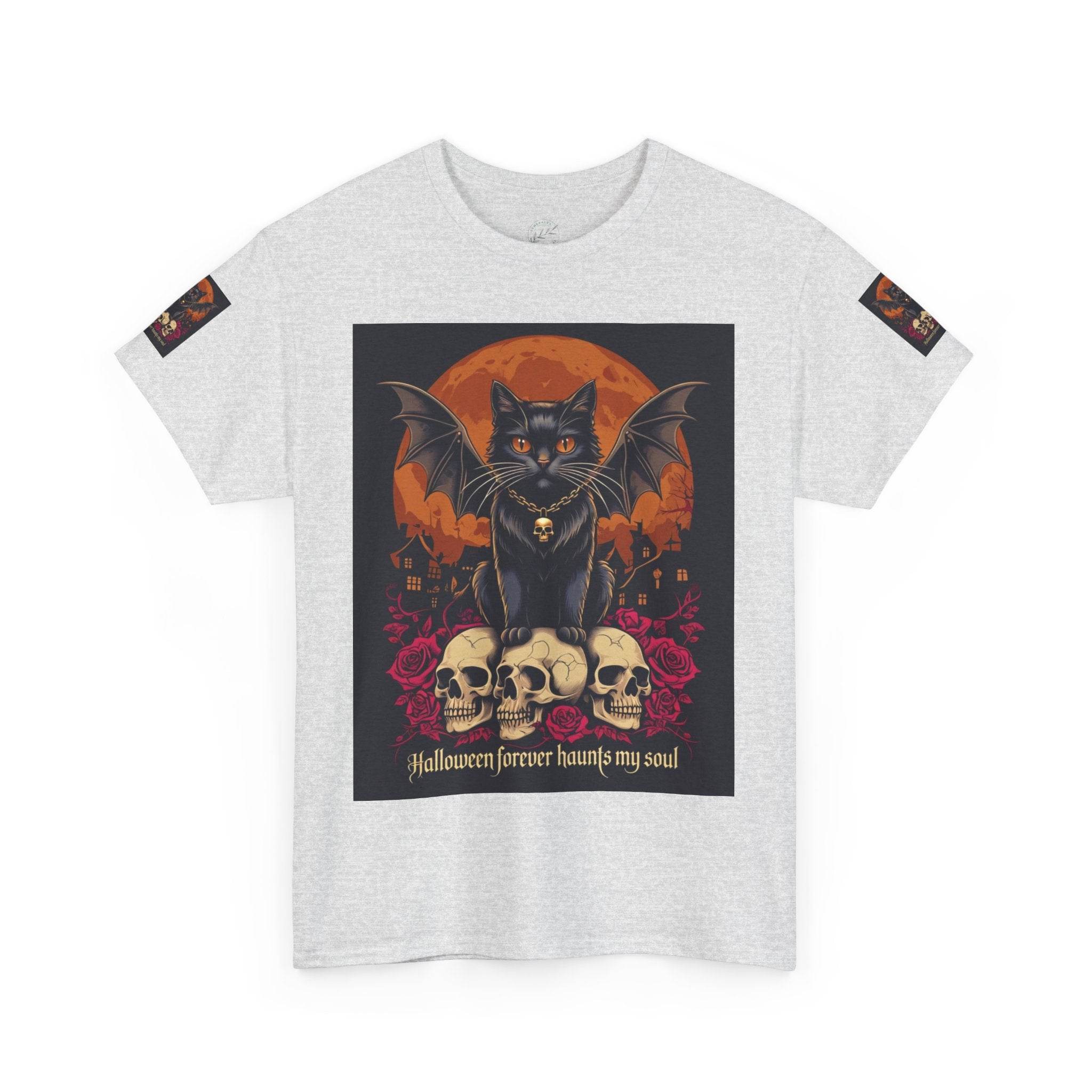 Light gray Printify T shirt with eco-friendly Halloween cat shirt design, winged black cat on skulls orange moon and roses