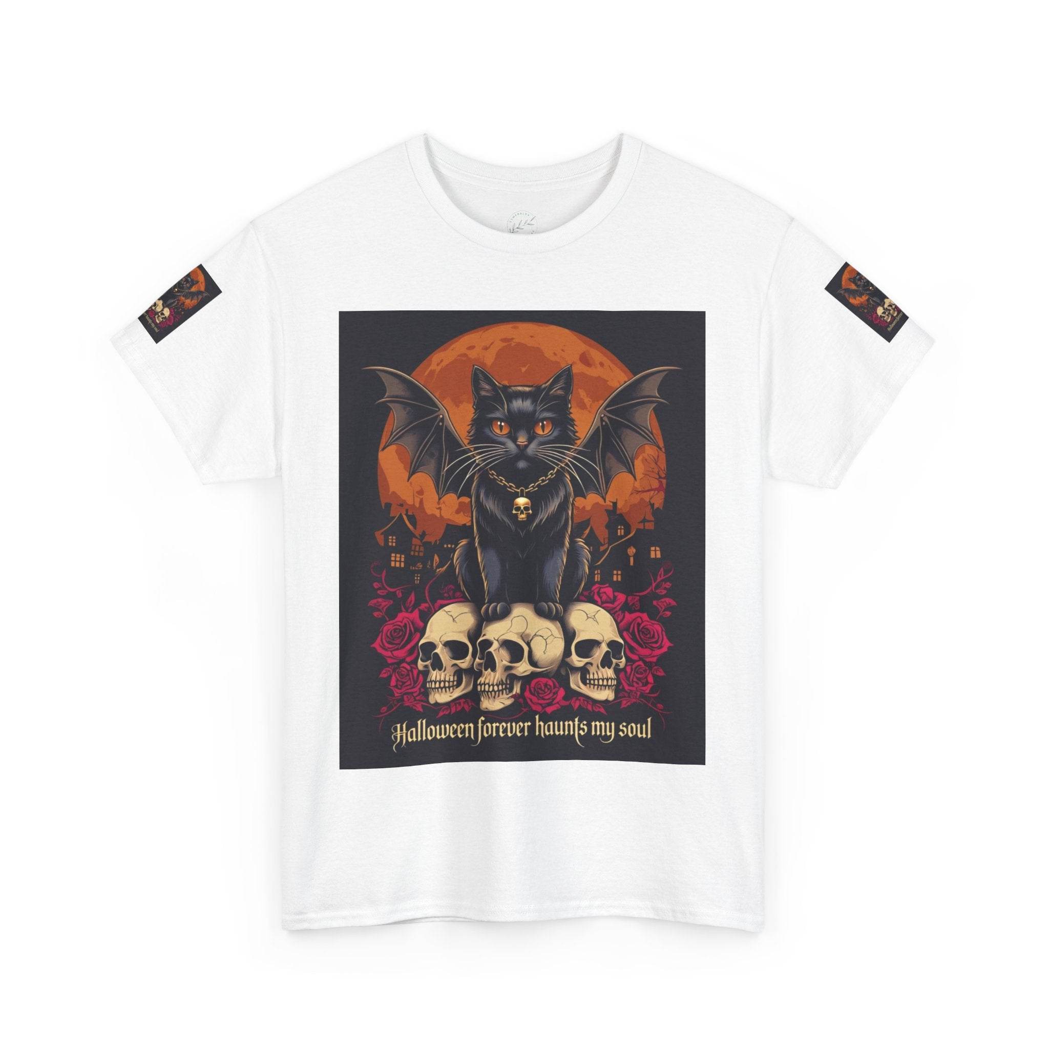 eco-friendly Halloween cat shirt Printify white tee with black winged cat sitting on skulls with roses and orange full moon