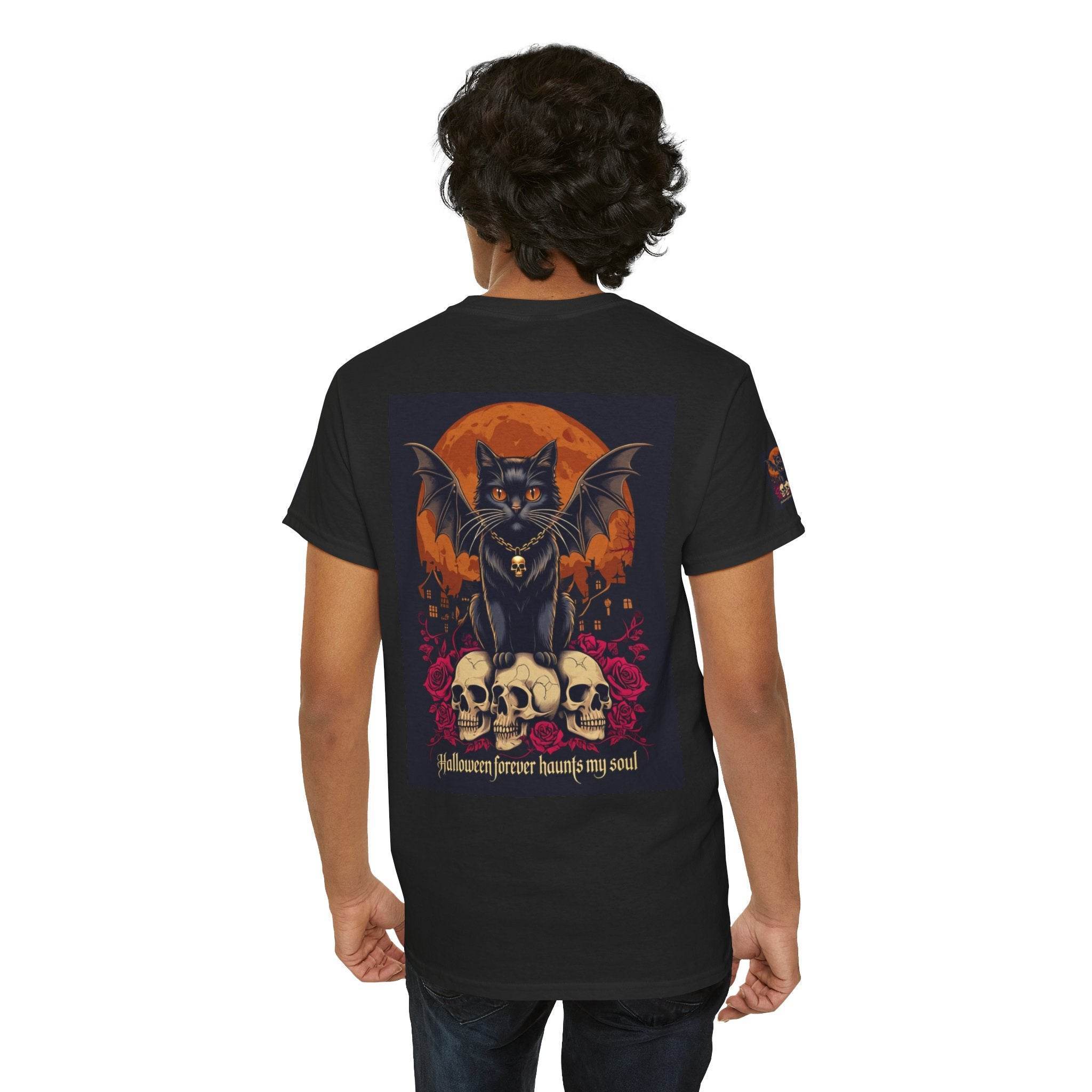 Printify eco-friendly Halloween cat shirt black tee back view bat winged cat sitting on skulls with orange moon