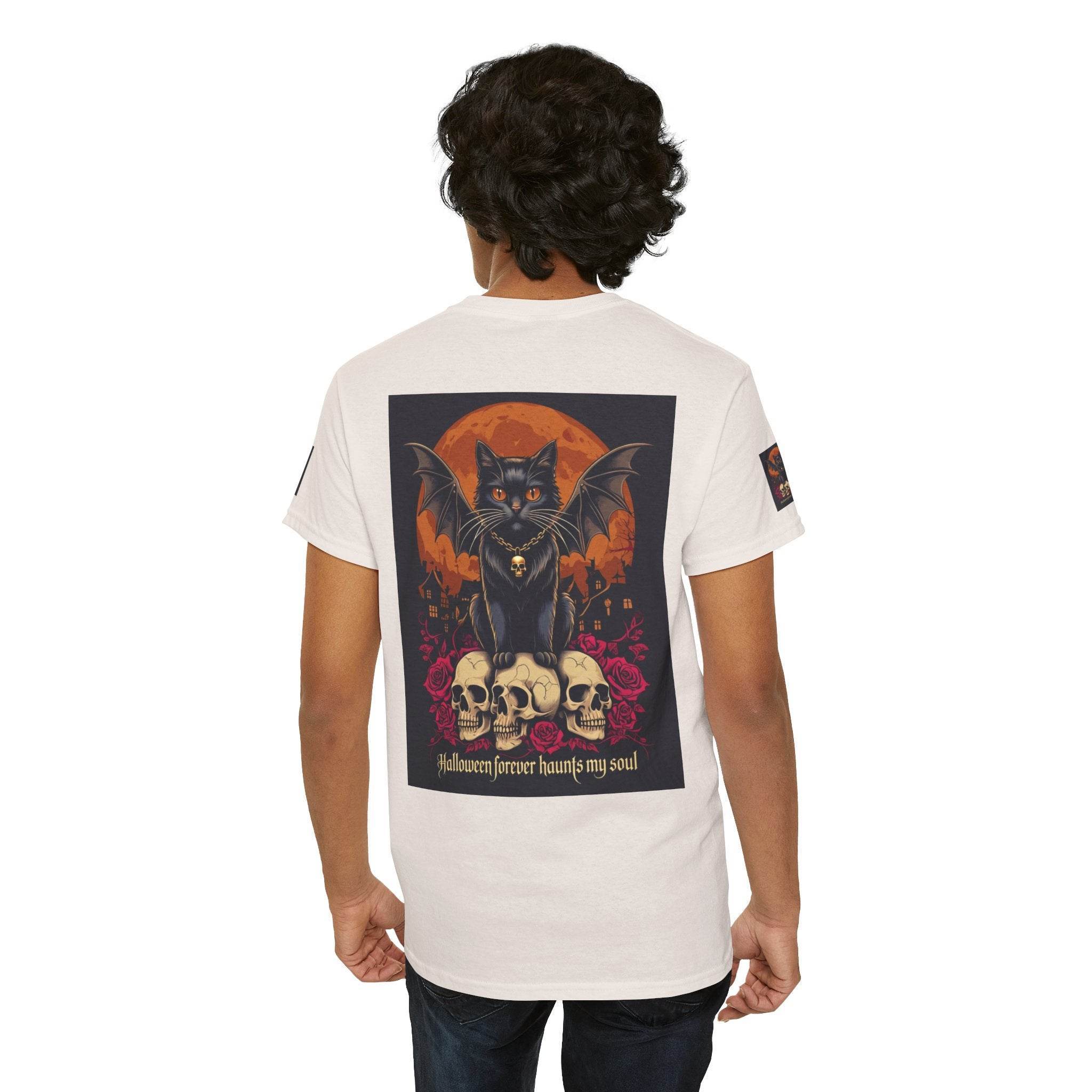 Printify eco-friendly Halloween cat shirt cream T-shirt back view featuring black bat cat skulls orange moon