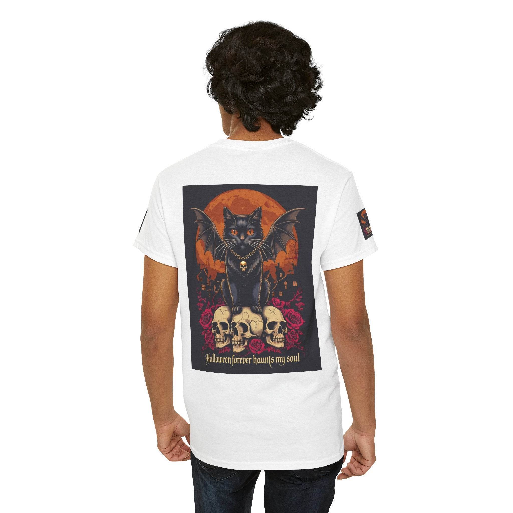 Printify eco-friendly Halloween cat shirt white back print showing black bat winged cat perched on skulls and orange moon
