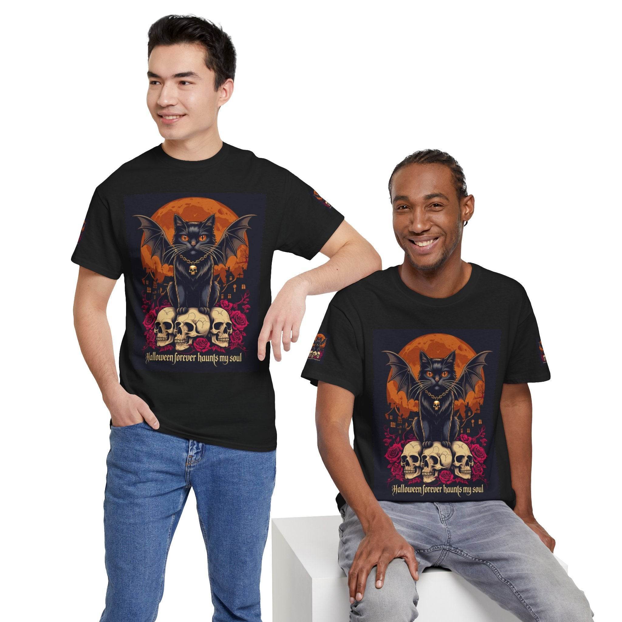 Two men wearing Printify black T shirts with a bat winged black cat full moon and skulls eco-friendly Halloween cat shirt