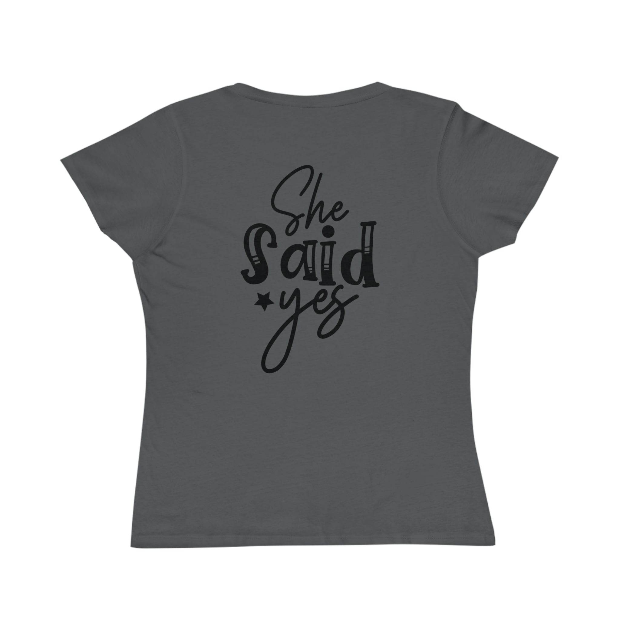Printify eco-friendly women's engagement shirt dark gray fitted tee back view with She Said Yes design