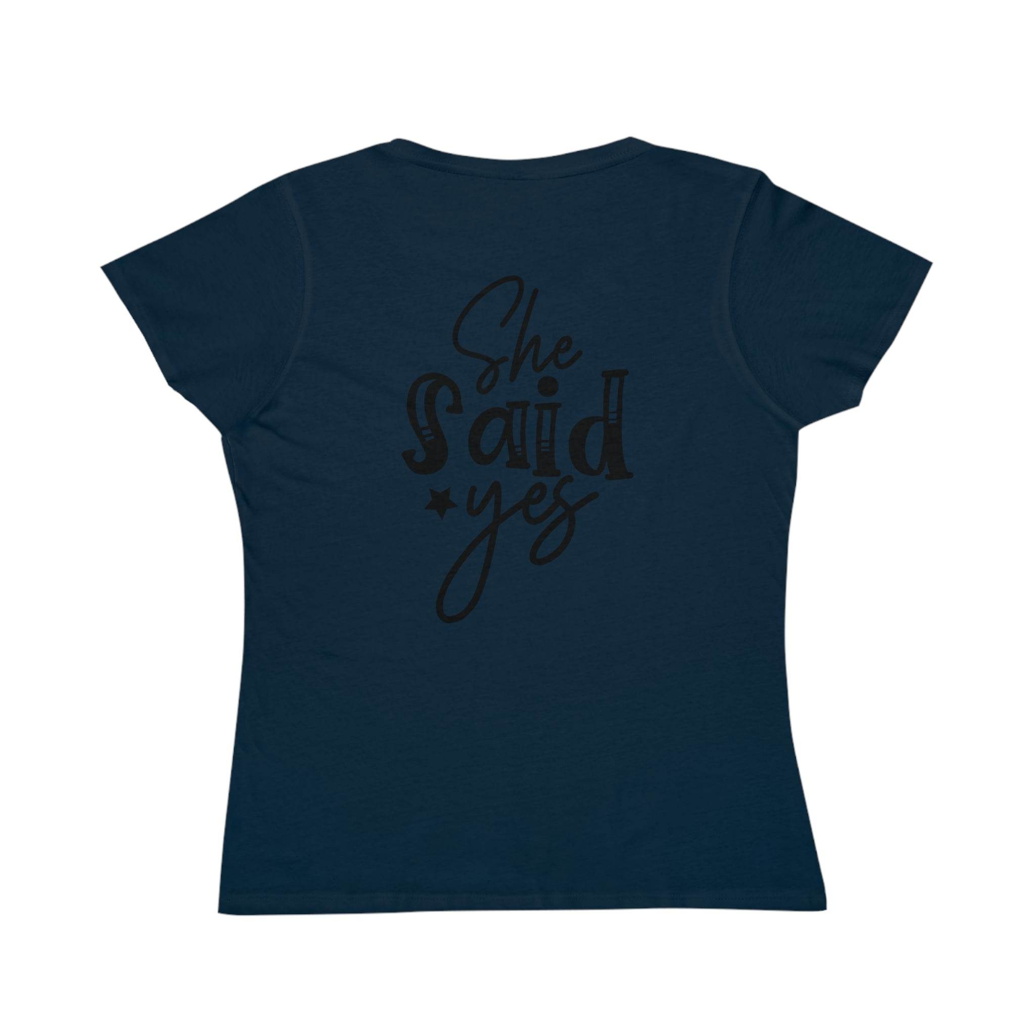 Navy fitted tee back view with black She said yes print eco-friendly women's engagement shirt by Printify