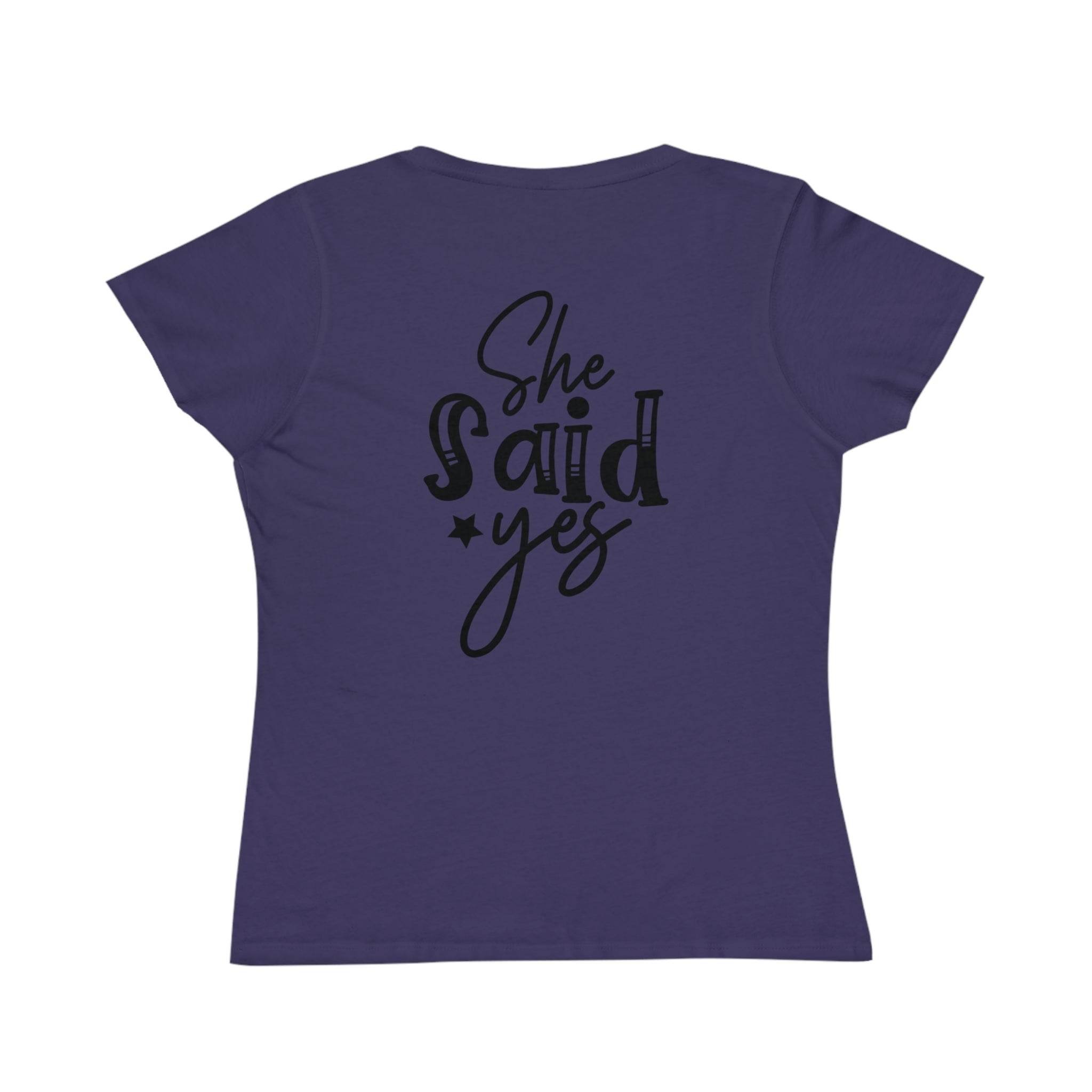 Printify eco-friendly women's engagement shirt purple t shirt with She Said Yes black script on back