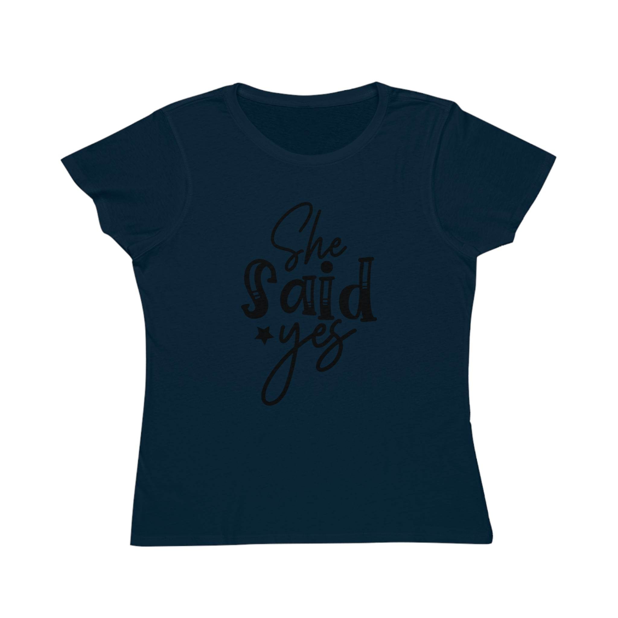 Printify navy fitted t shirt with She said yes script print eco-friendly women's engagement shirt for bridal celebrations