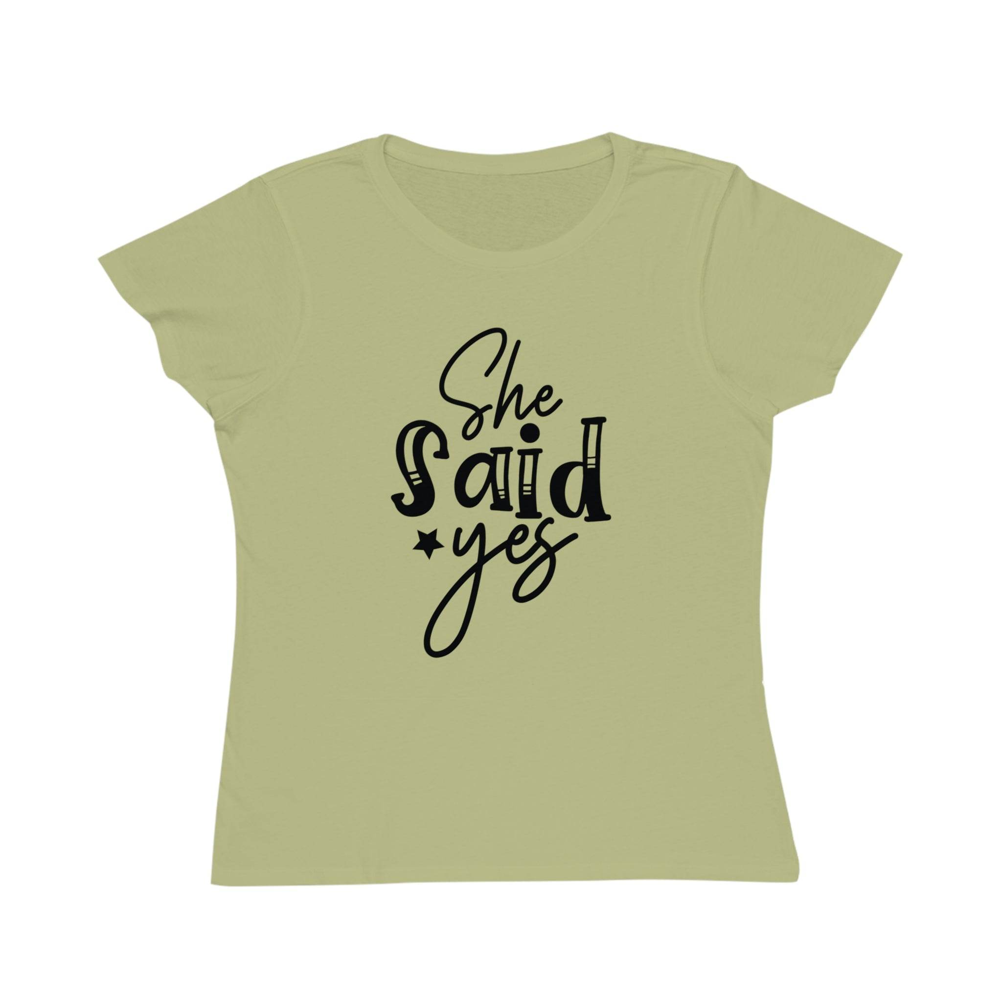 Printify eco-friendly women's engagement shirt light green fitted tee with black She Said Yes script