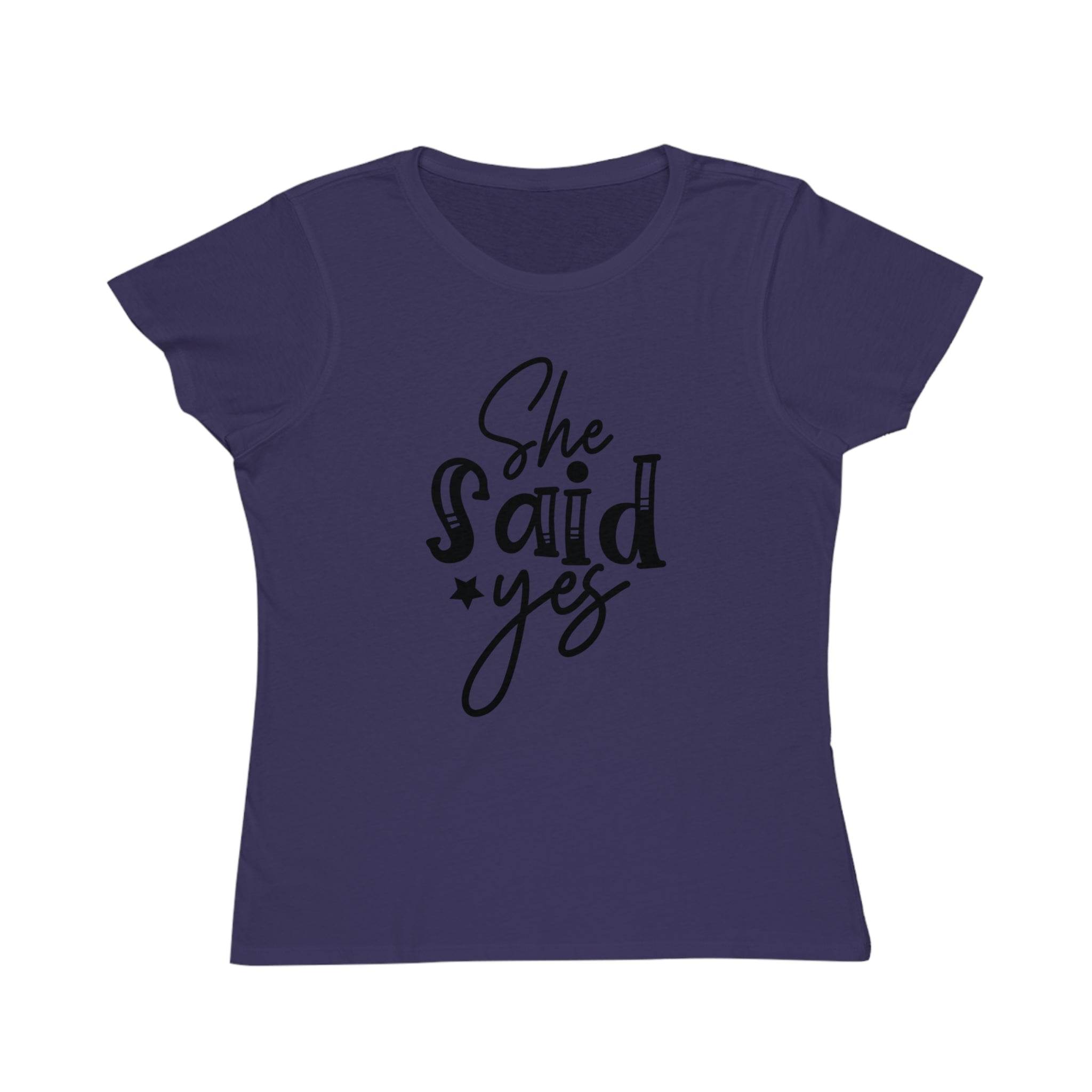 Printify navy fitted t shirt with She Said Yes black script print for bridal parties eco-friendly women's engagement shirt