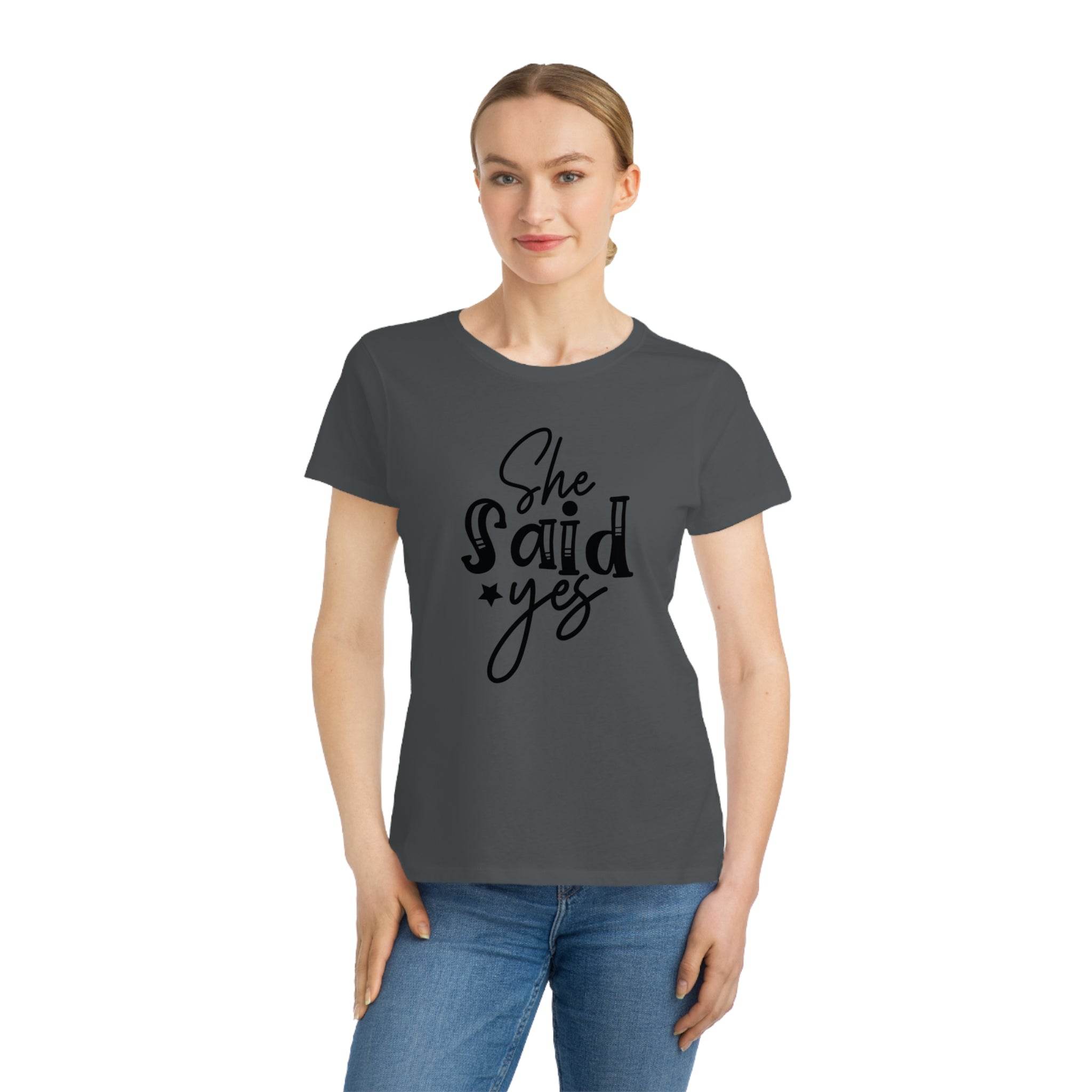 Printify eco-friendly women's engagement shirt gray tee with She said yes script print on female model