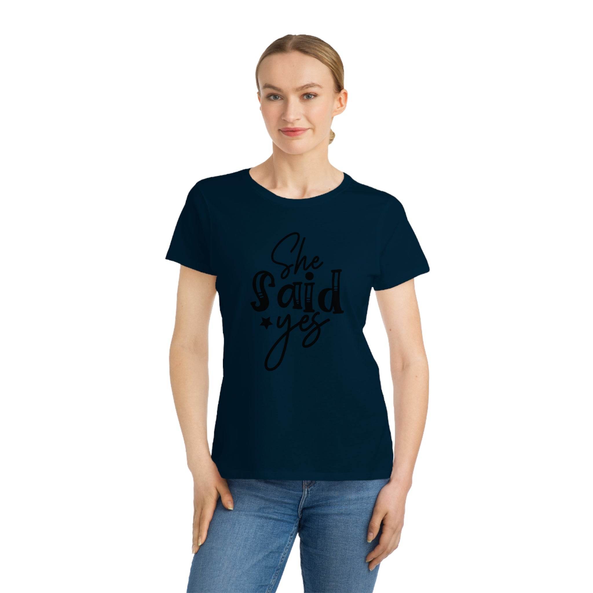 Printify eco-friendly women's engagement shirt navy crew neck tee with She Said Yes script print