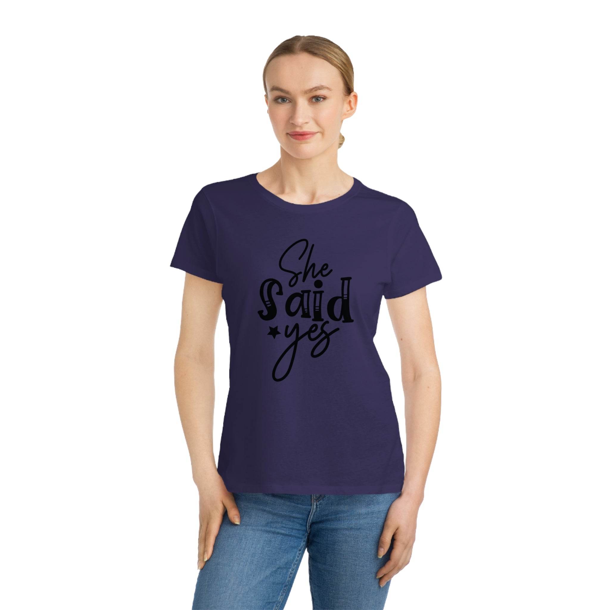 Printify model wearing eco-friendly women's engagement shirt navy tee with She said yes script print