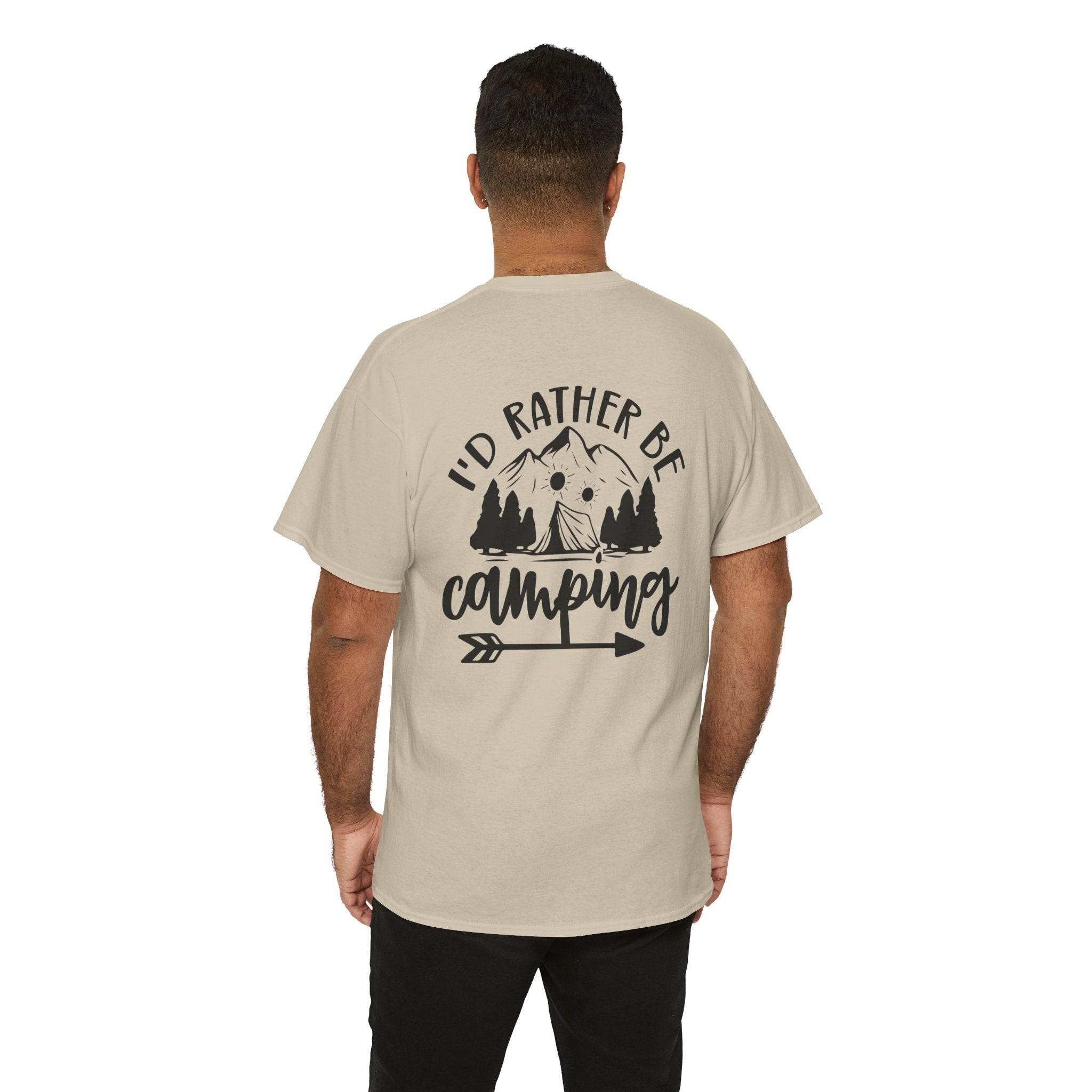Printify beige back view t-shirt with mountain trees graphic reading I would rather be camping eco-friendly camping t-shirt