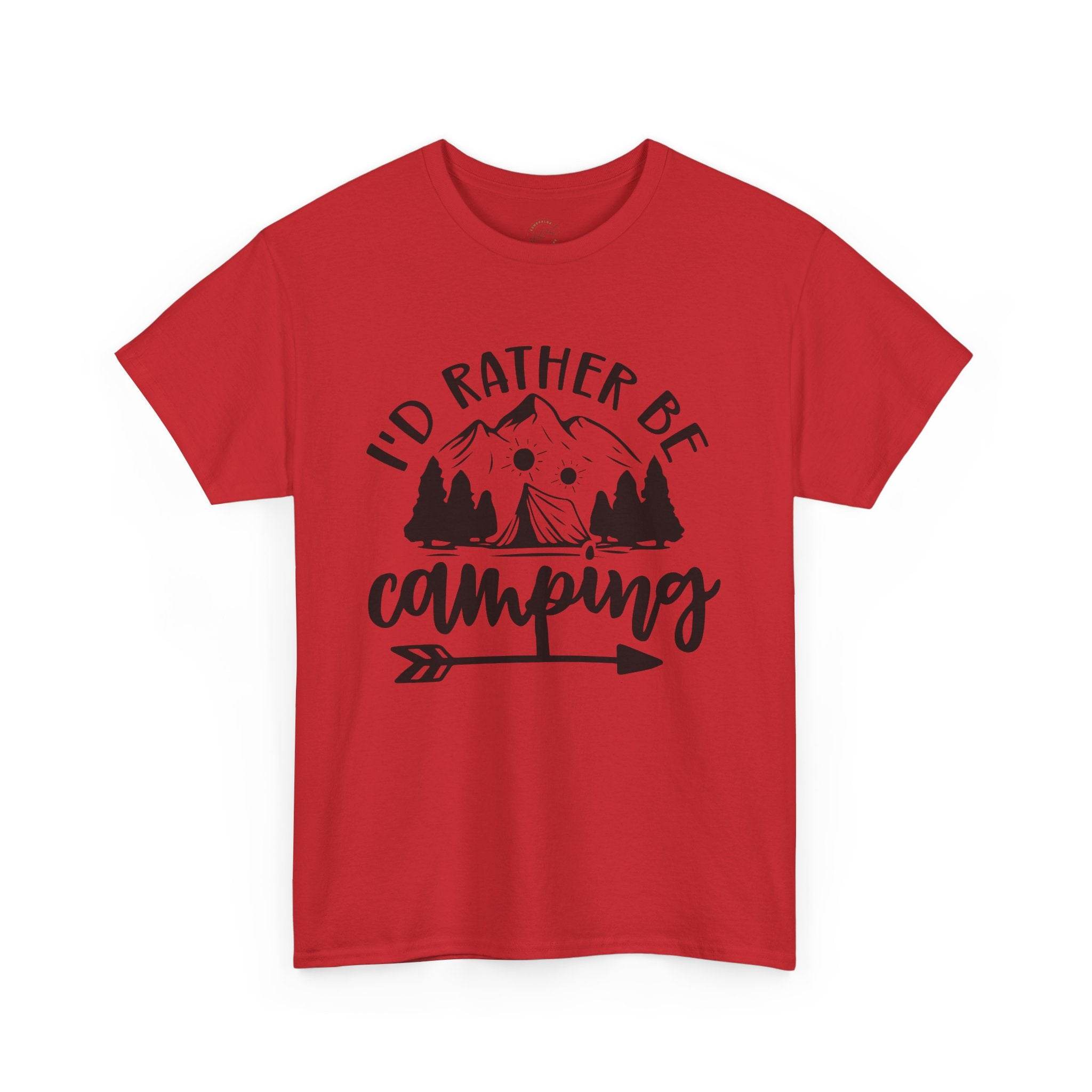 Red Printify t shirt with black mountain tent and trees graphic and I would rather be camping text eco-friendly camping t-shirt