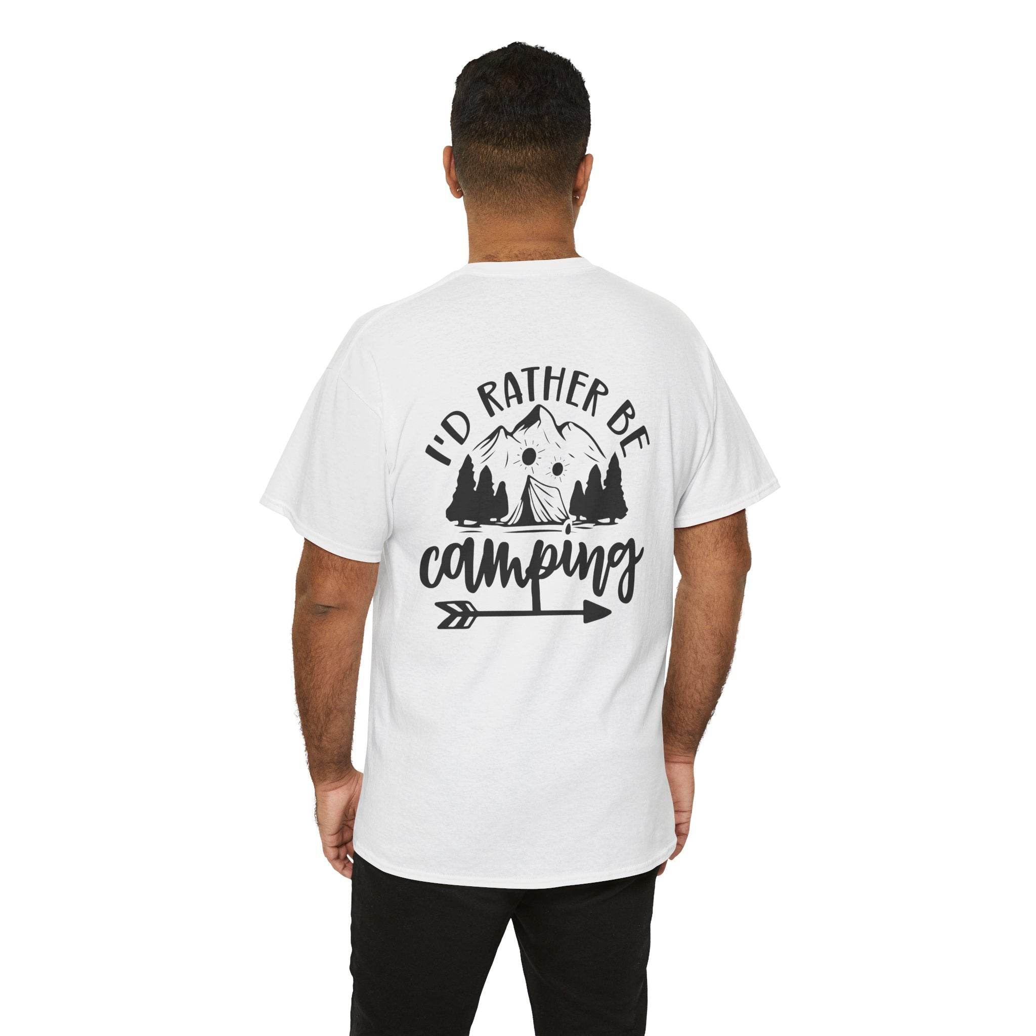 Printify white T shirt shown from back with black Id rather be camping mountain and trees graphic eco-friendly camping t-shirt
