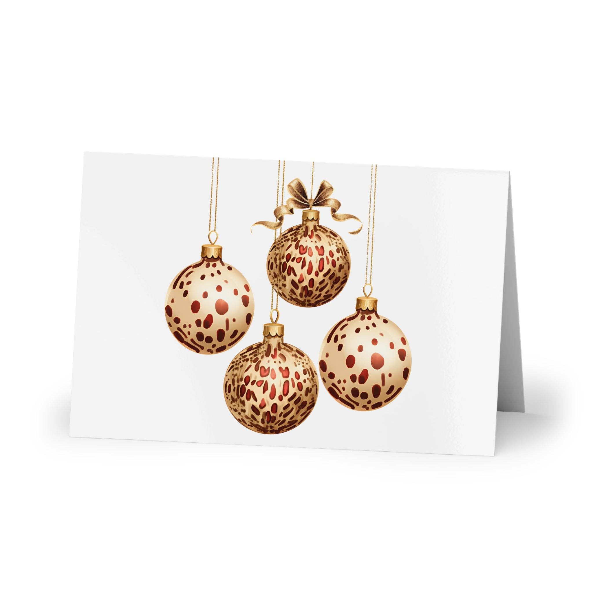 Printify eco-friendly greeting cards with gold and red spotted Christmas ornaments design