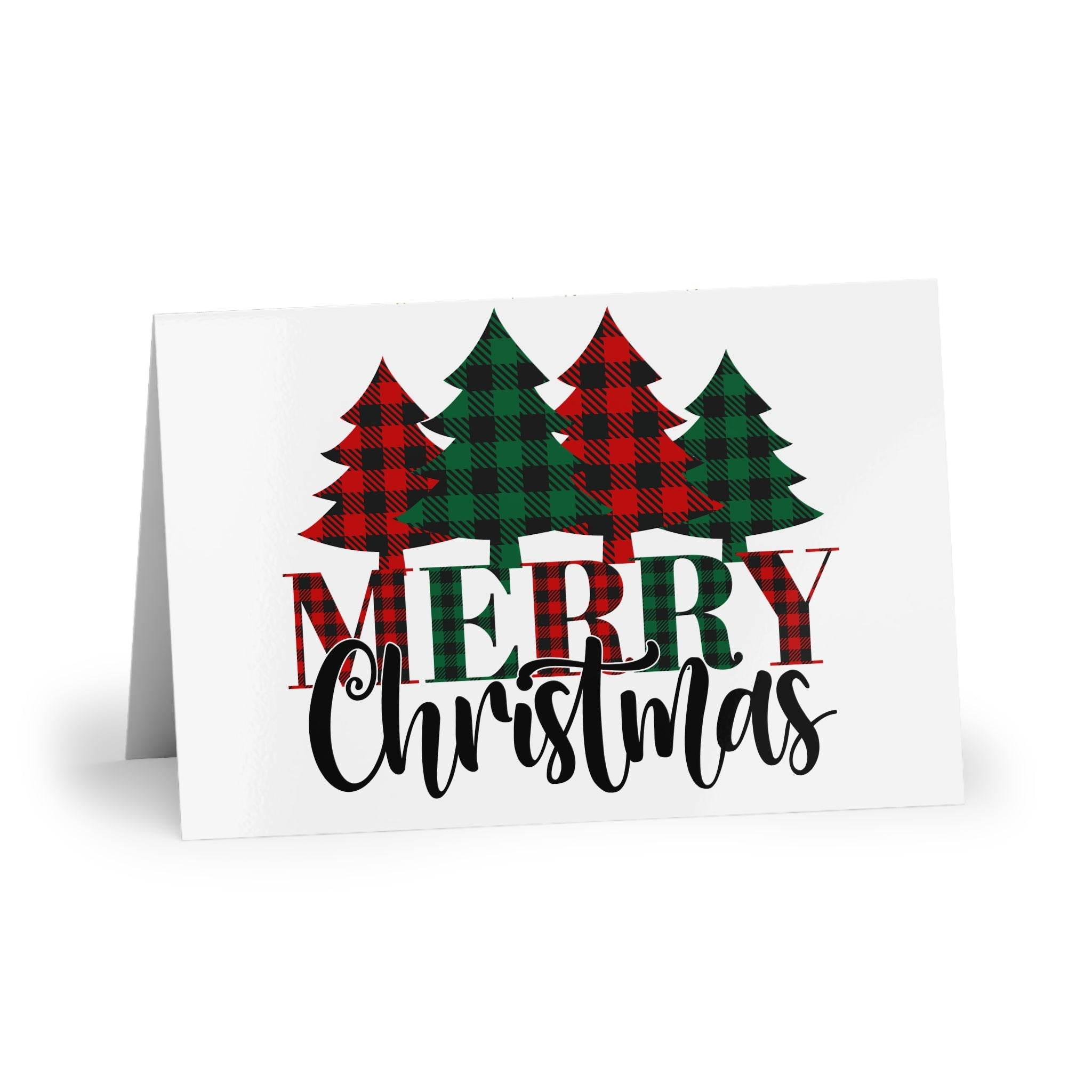 Eco-friendly greeting cards Christmas postcard with plaid Christmas trees and Merry Christmas text