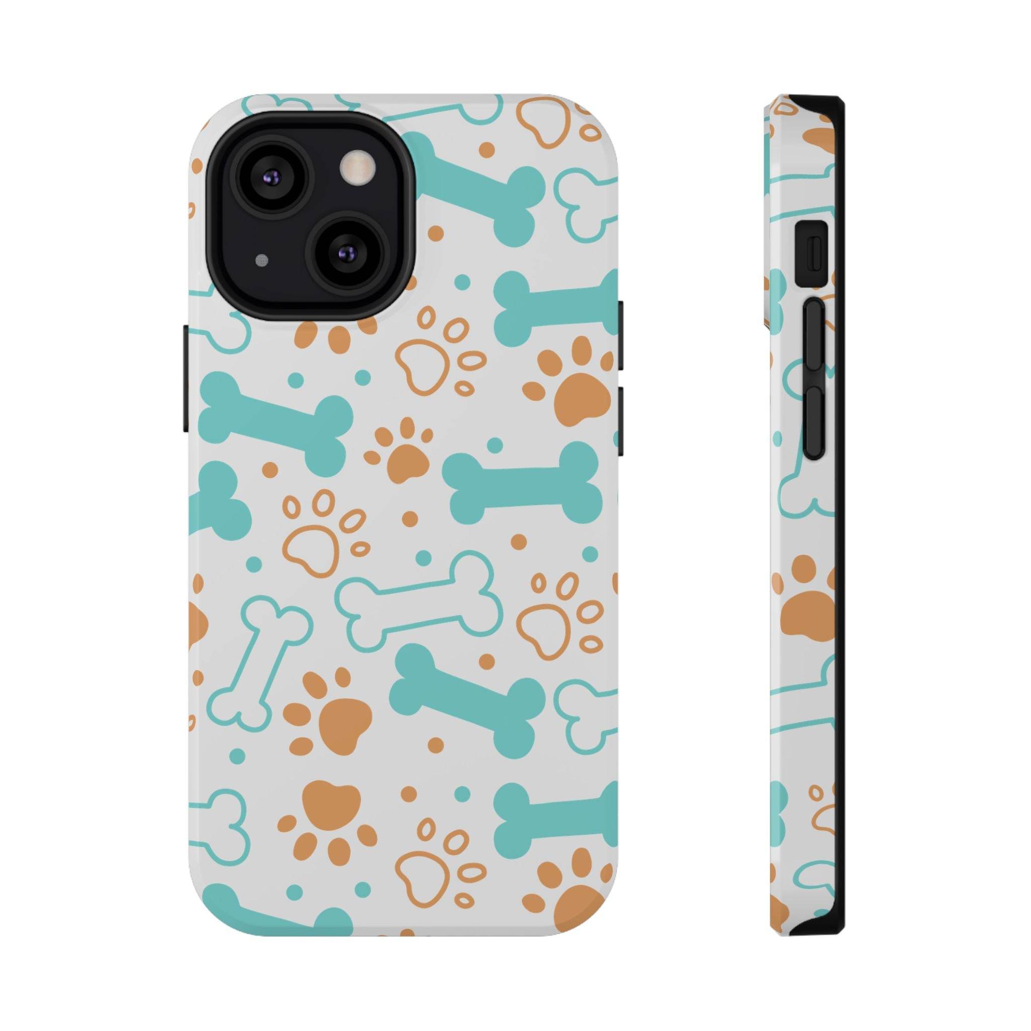 Printify impact-resistant pet-themed case with blue and brown paw prints and bones pattern