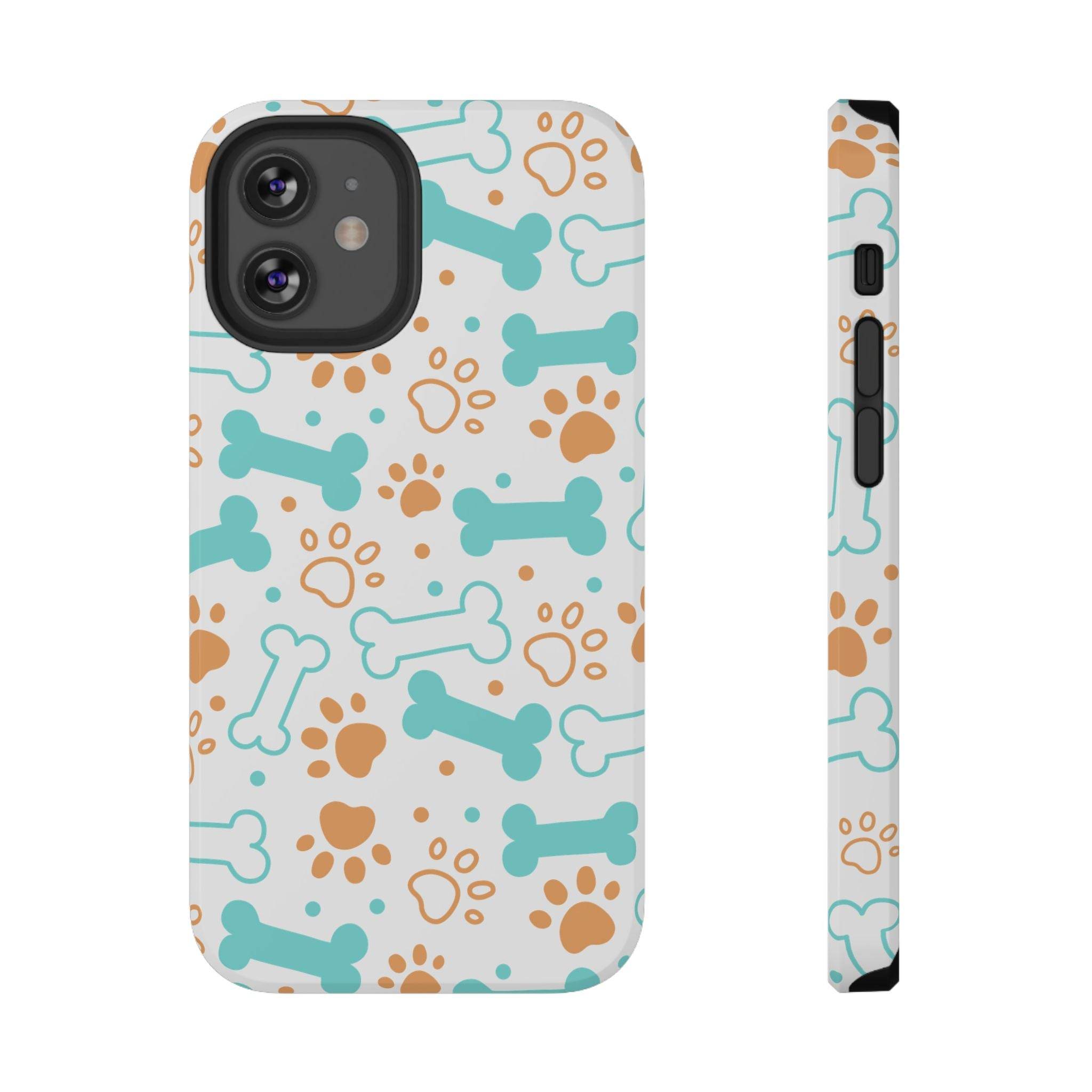 Printify impact-resistant pet-themed case with blue and brown dog bones and paw prints for phone protection
