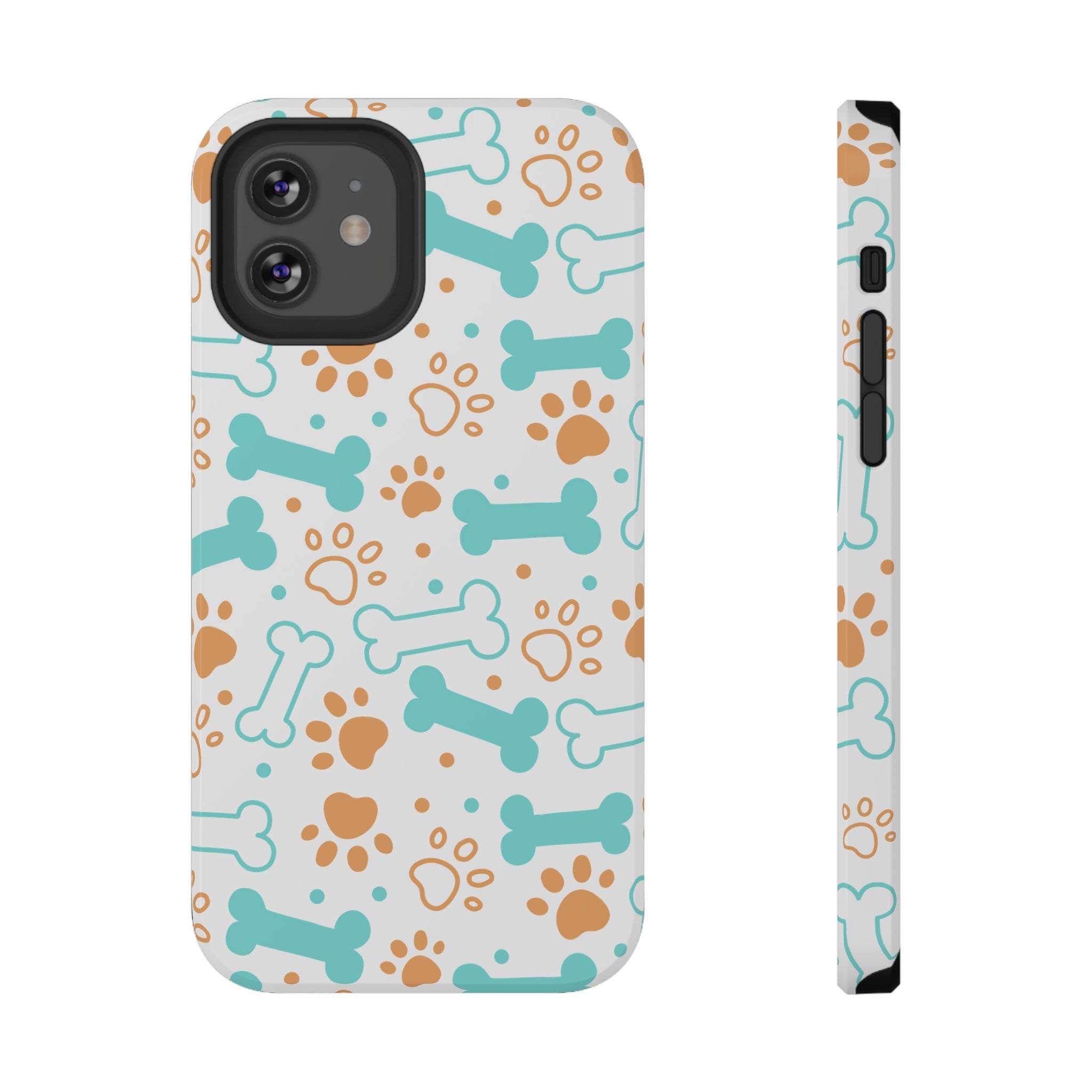 Printify impact-resistant pet-themed case with blue and brown dog bones and paw prints on white background