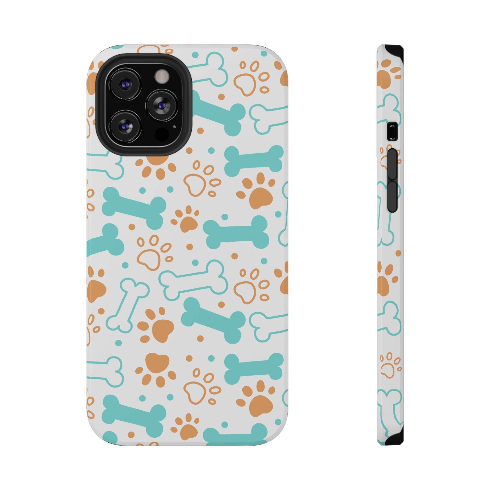 Printify impact-resistant pet-themed case with blue bones and brown paw prints pattern
