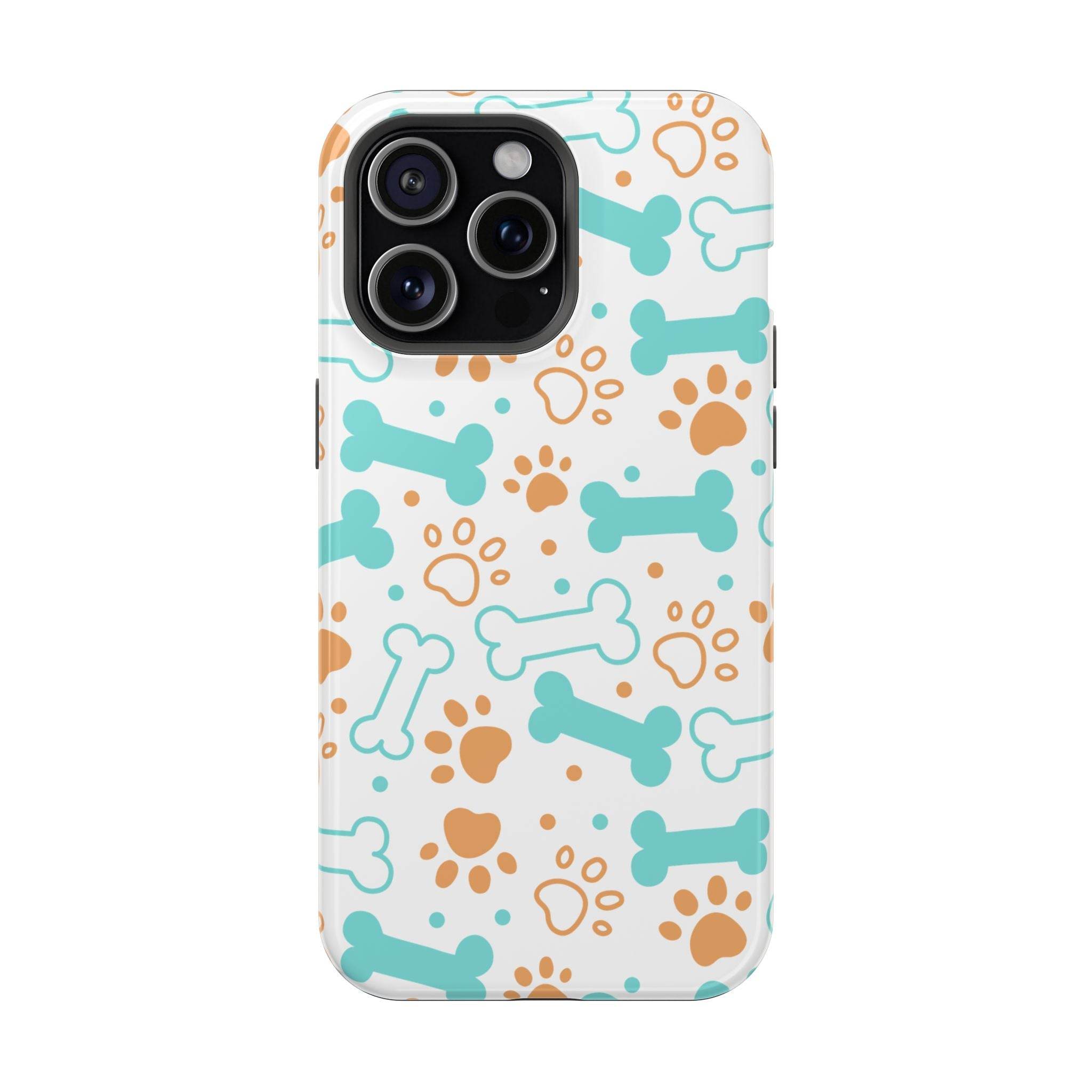 Printify impact-resistant pet-themed case with brown paw prints and blue dog bone pattern