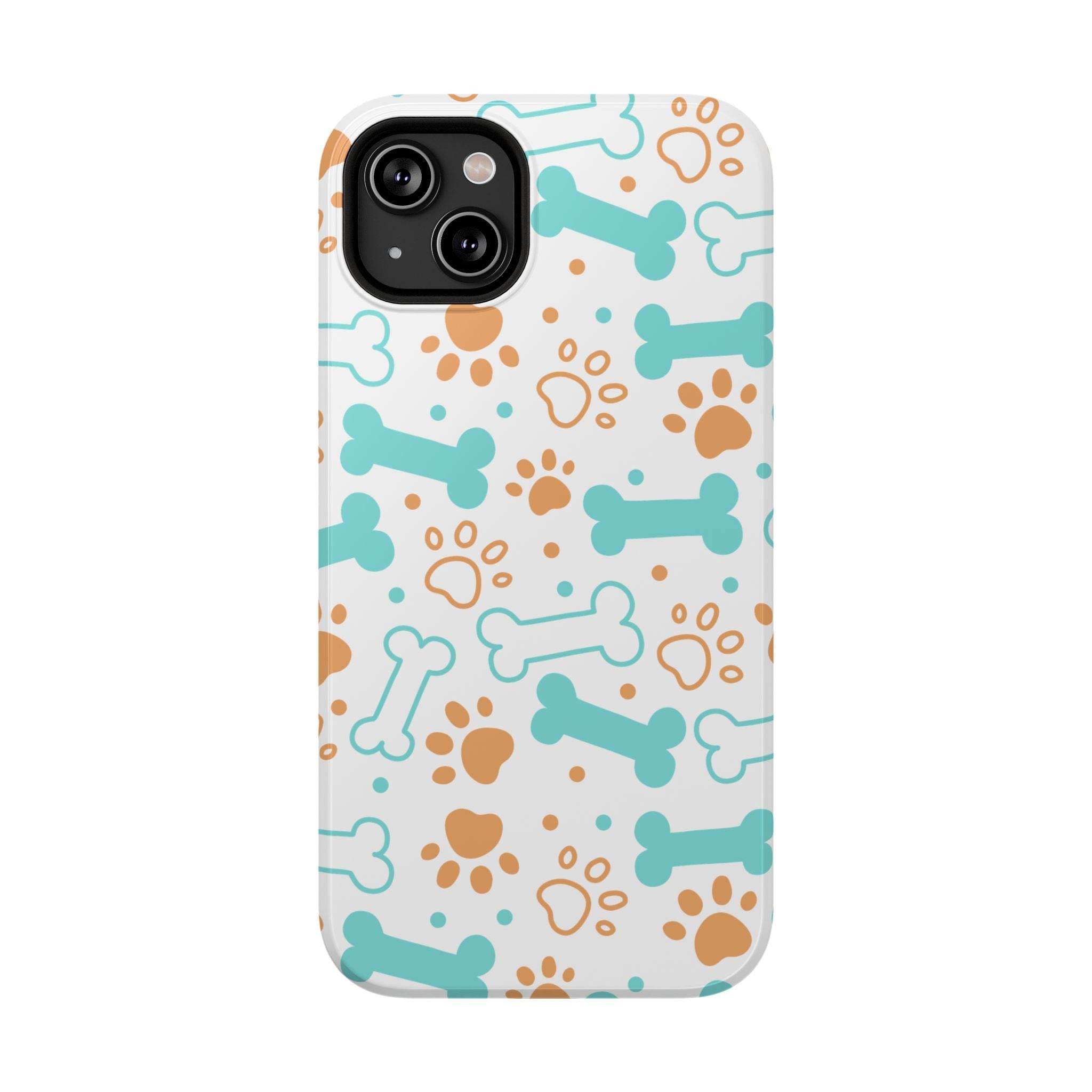Printify impact-resistant pet-themed case with blue dog bones and brown paw prints design