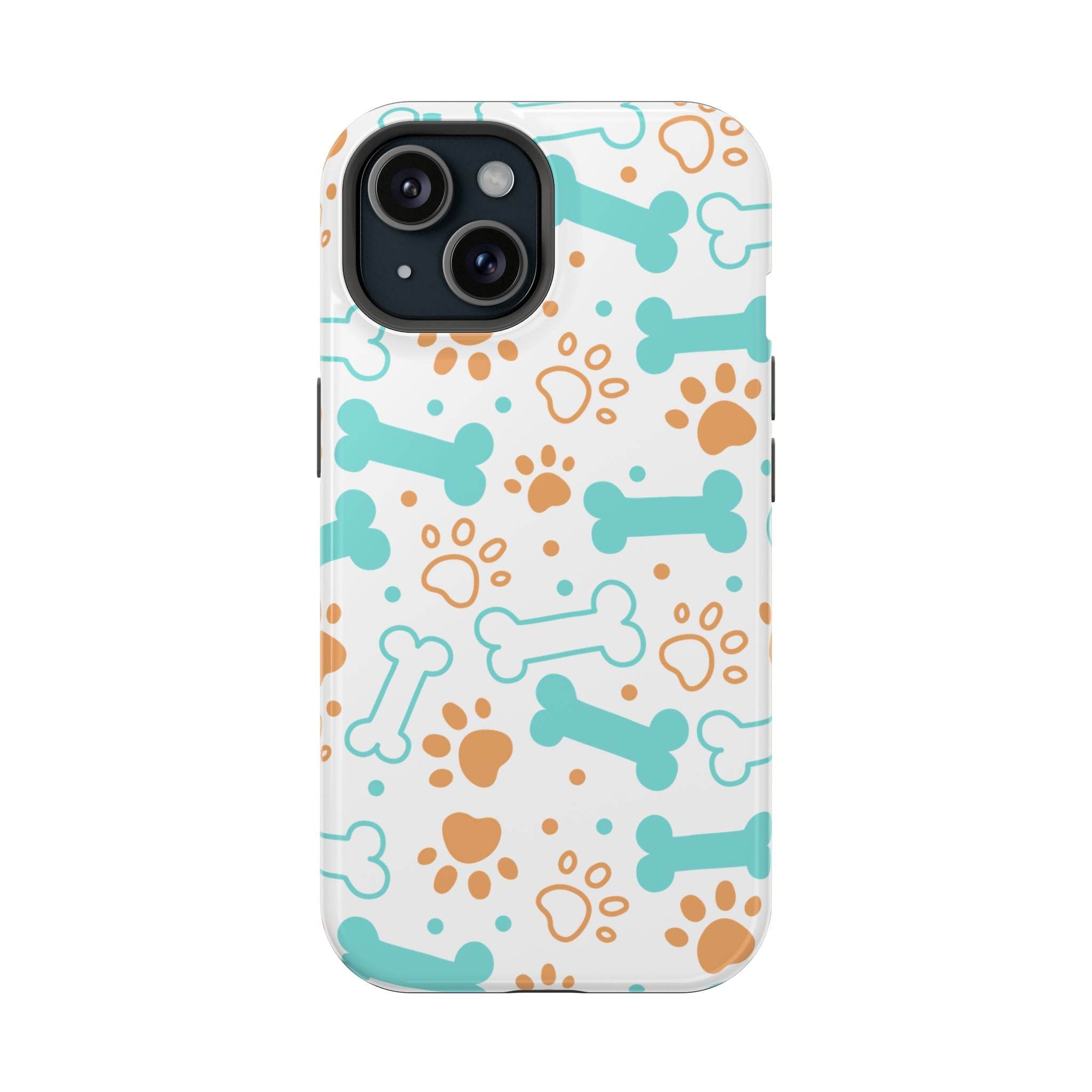 Printify impact-resistant pet-themed case with blue bones and orange paw prints on white background