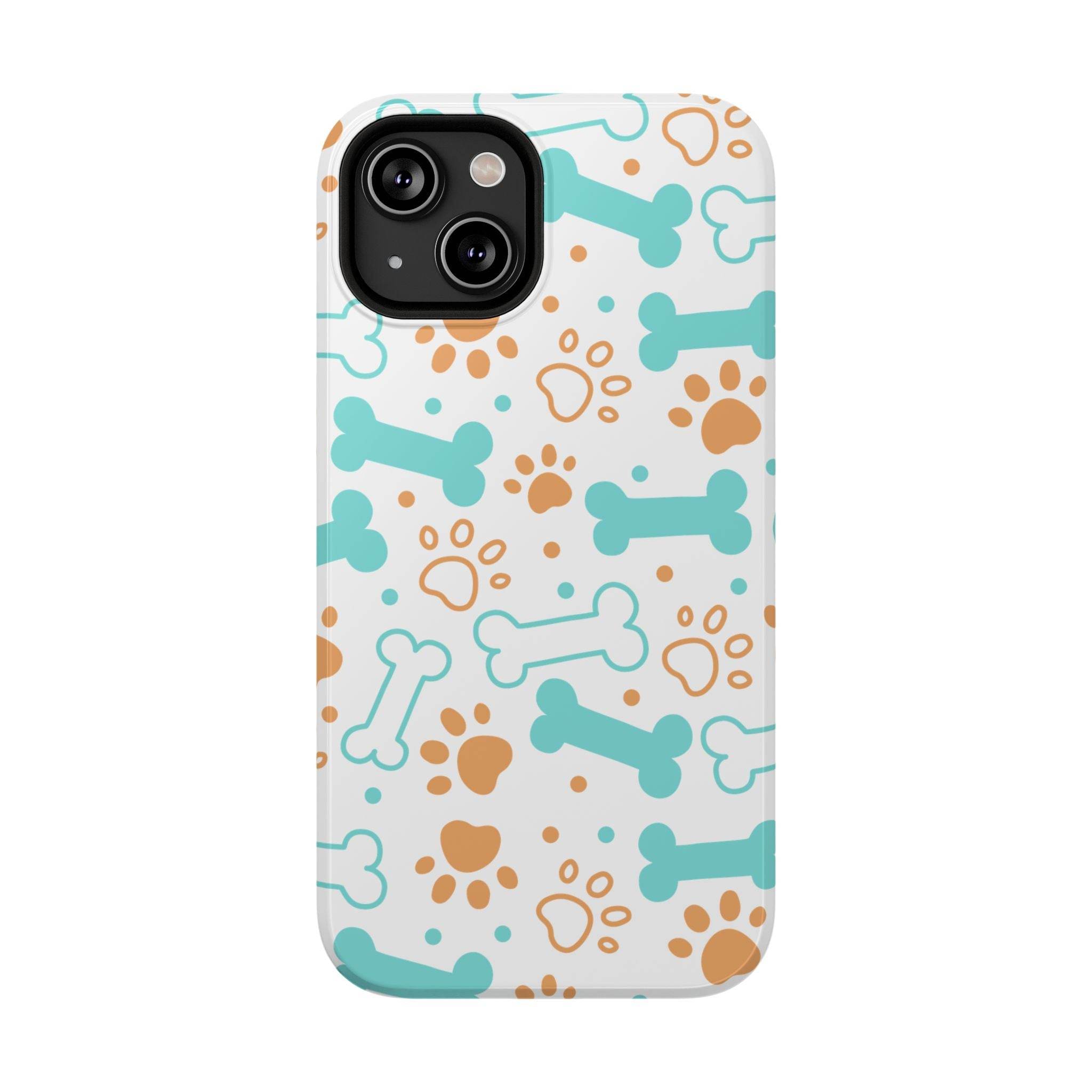 Printify impact-resistant pet-themed case with blue dog bones and brown paw prints on white background