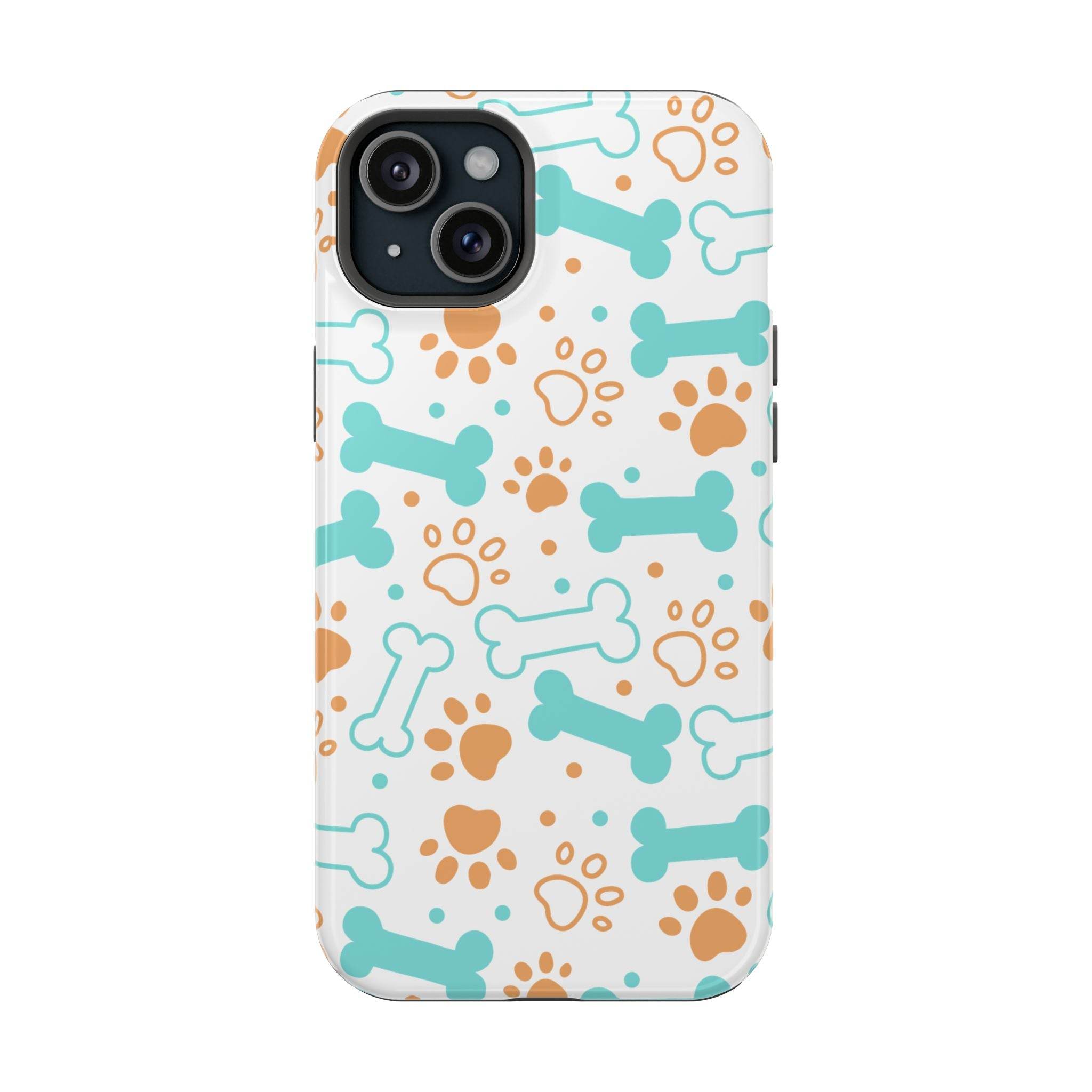 Printify impact-resistant pet-themed case with blue and brown bone and paw print design