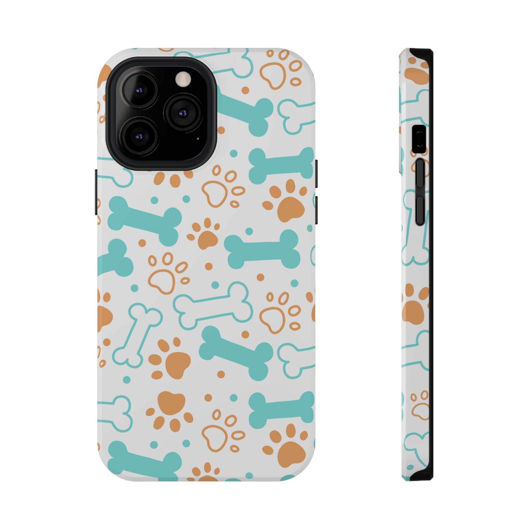Printify impact-resistant pet-themed case with blue bones and brown paw prints design
