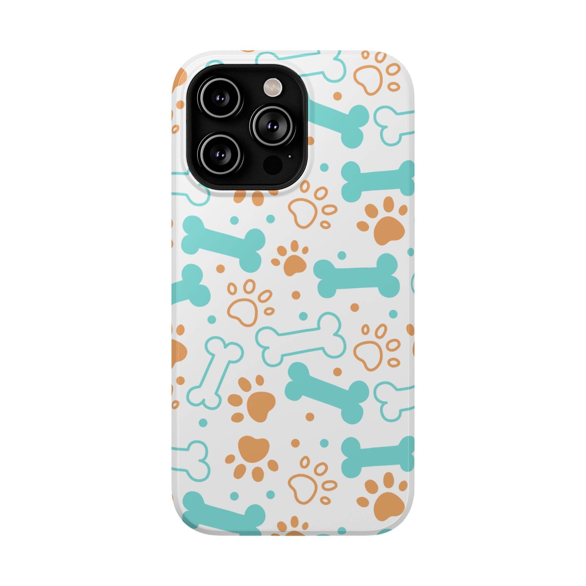 Printify impact-resistant pet-themed case with blue dog bones and orange paw prints on white background