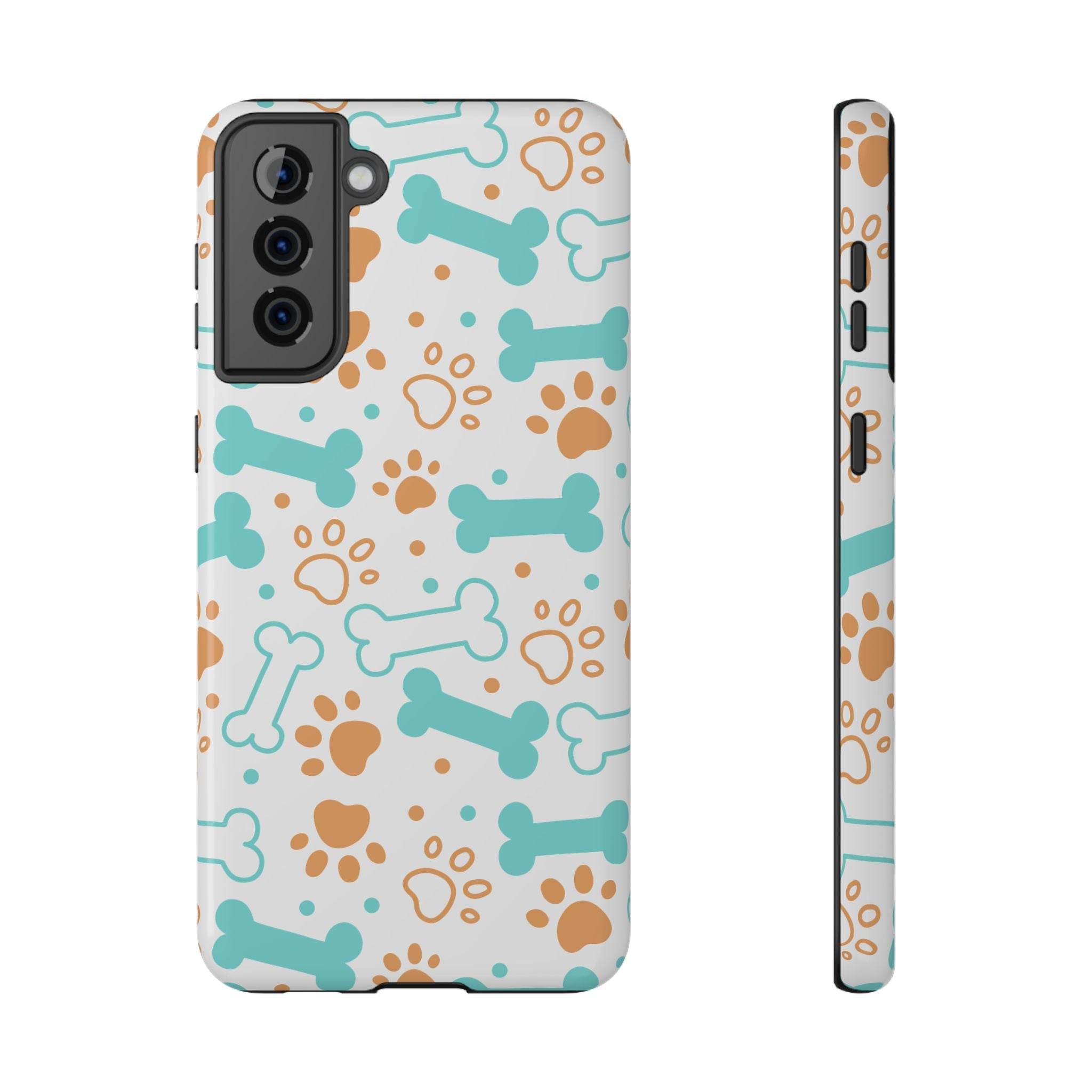 Printify impact-resistant pet-themed case with blue bones and brown paw prints on phone