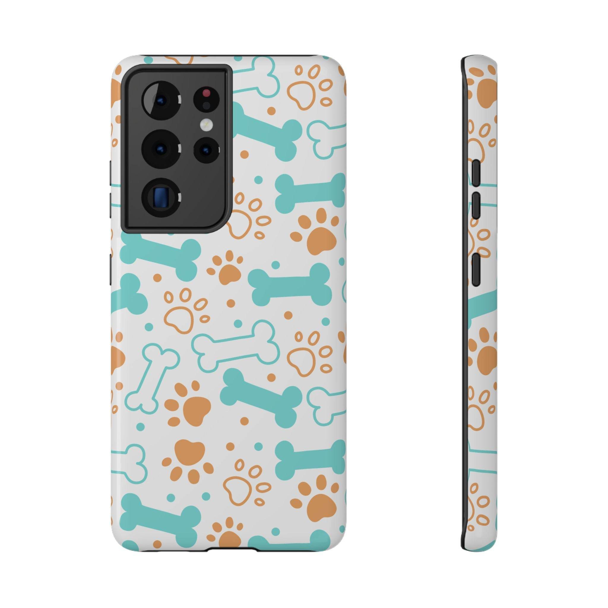 Printify impact-resistant pet-themed case with blue bones and brown paw prints on a white background