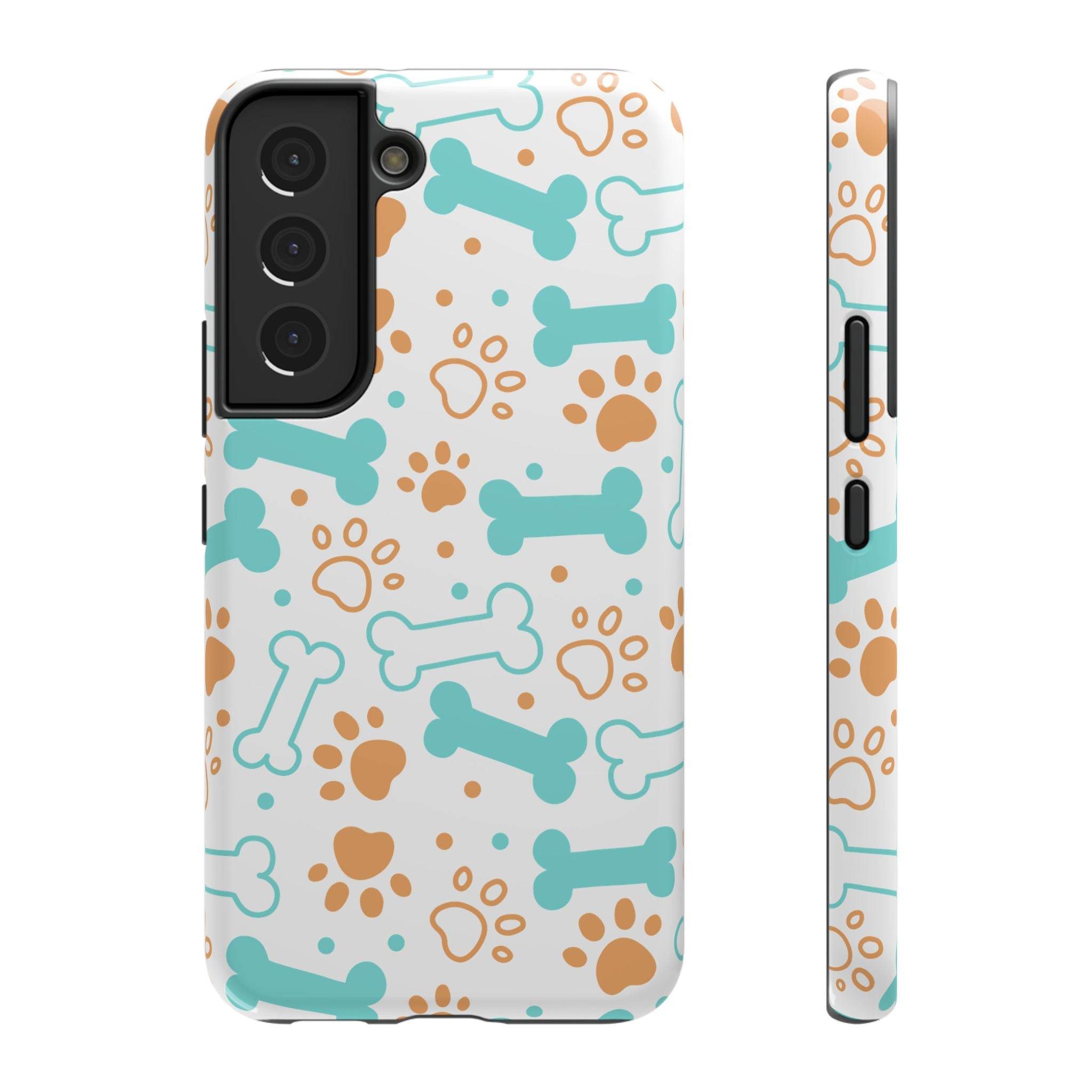 Printify impact-resistant pet-themed case with blue dog bones and brown paw prints for phones