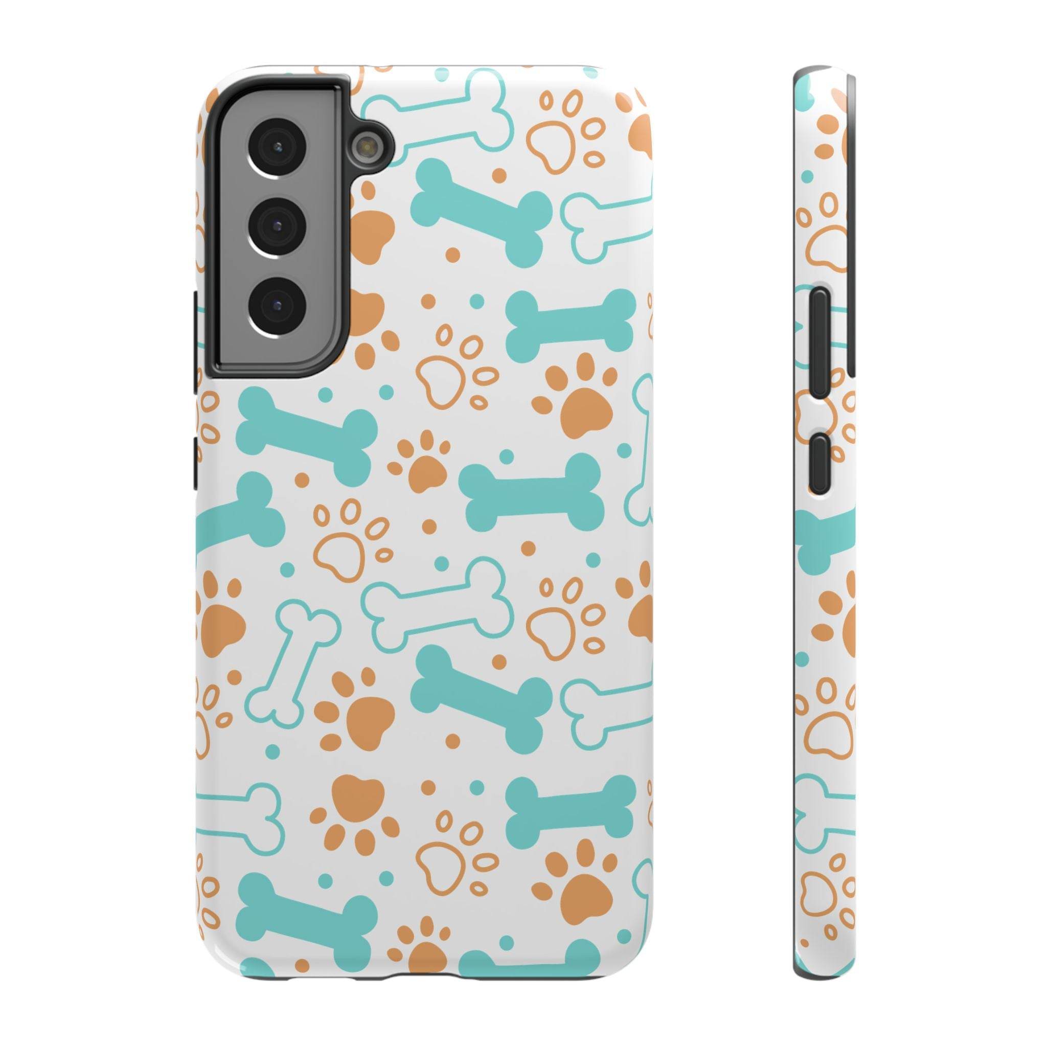 Printify impact-resistant pet-themed case with blue bones and brown paw prints on white background
